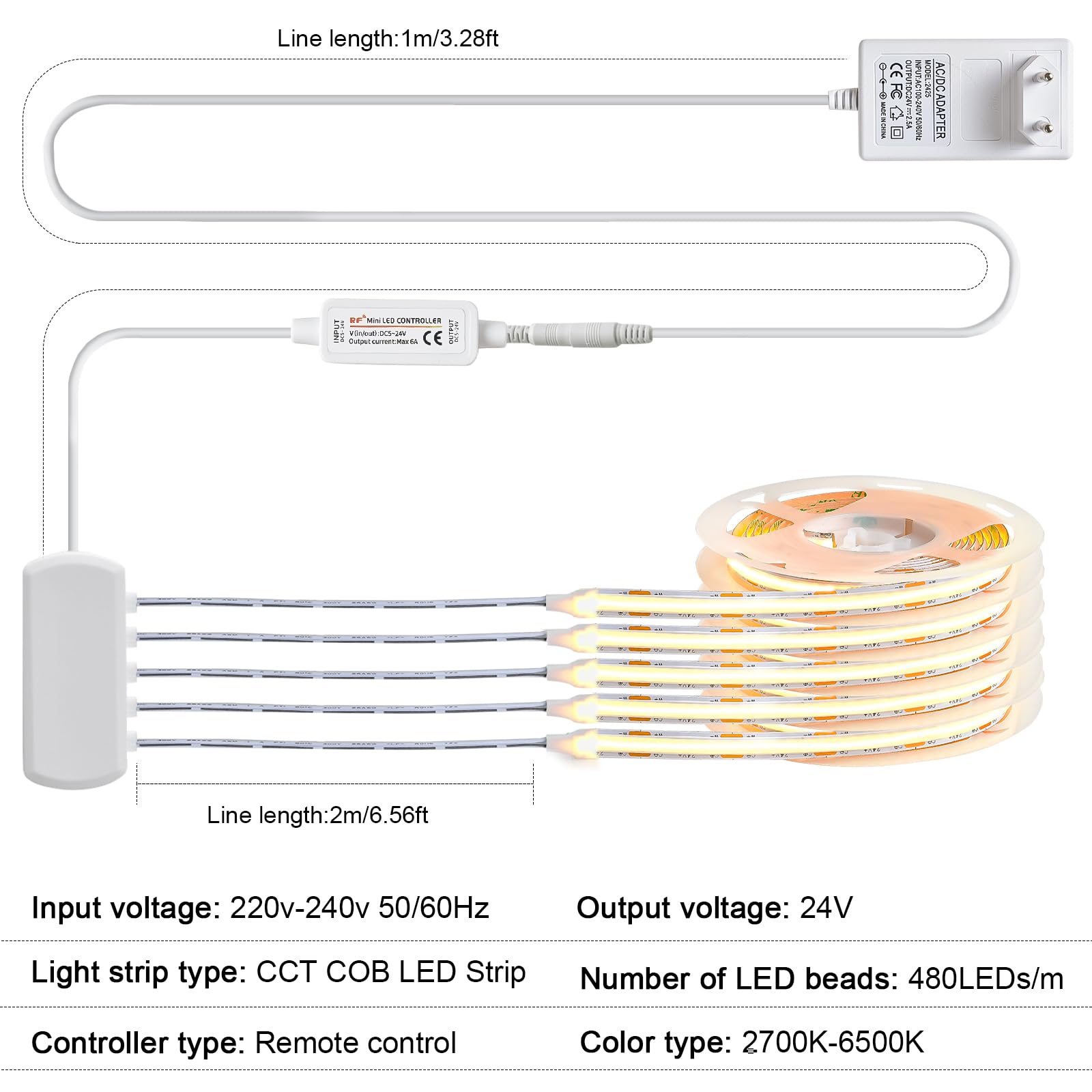 LRGBST 24V 10M CCT COB tiras led con kit de control remoto, 5 rollos x 2M 2700K tiras de COB blancas cálidas-6500K para la iluminación de los paneles acústicos de la vitrina del gabinete