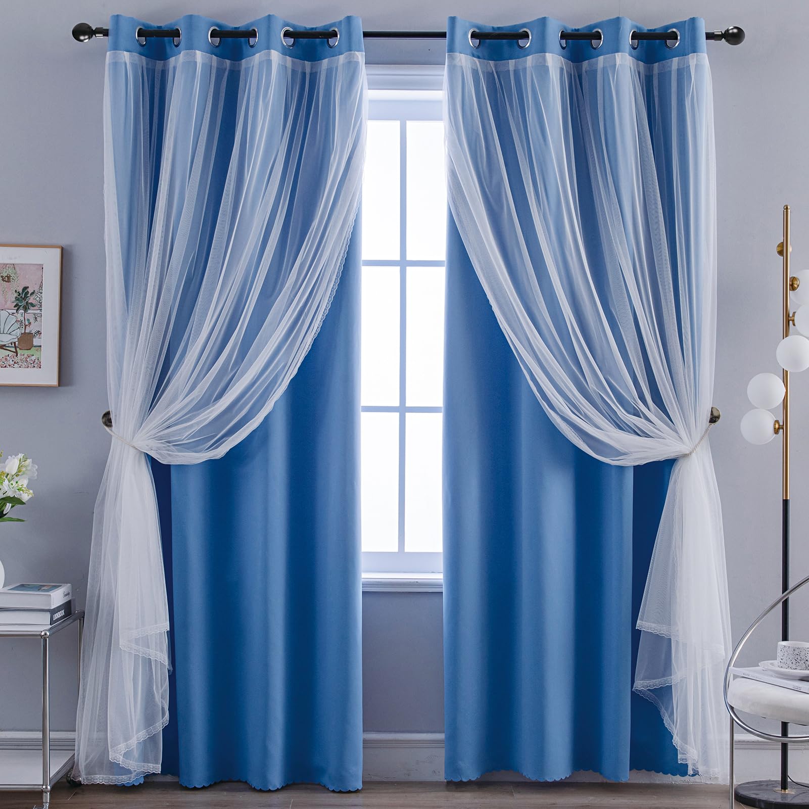 Anytime Home Curtains Blackout and Sheer Layered Solid Window Privacy Curtain Panel Pair with Grommet Top, 52Wx84L, Blue — image 1