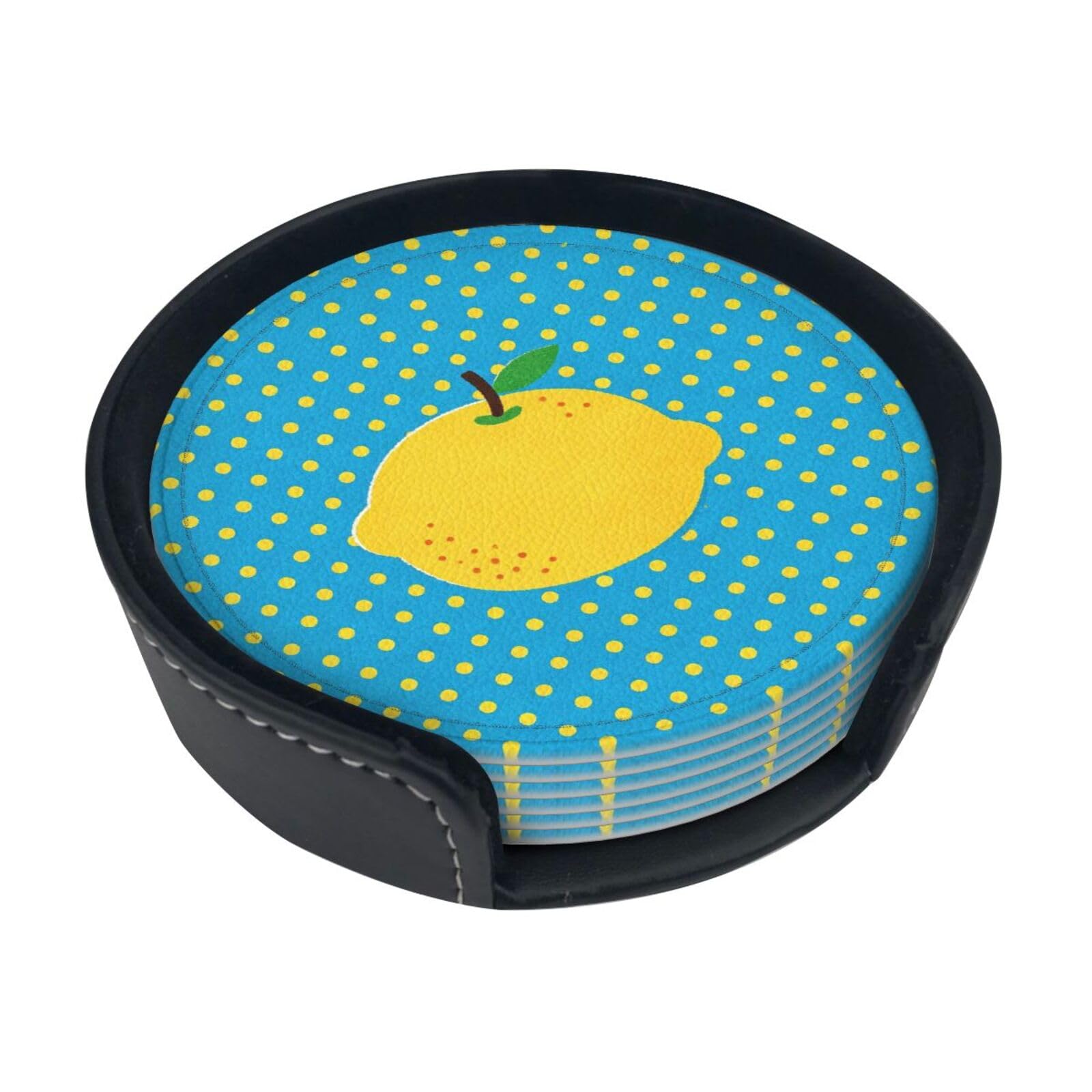 Cntdbu White Blue Yellow Dot Leather Coasters Set Of 6-Pu Leather Drink Mats For Table, Heat Resistant Round Coasters With Holder
