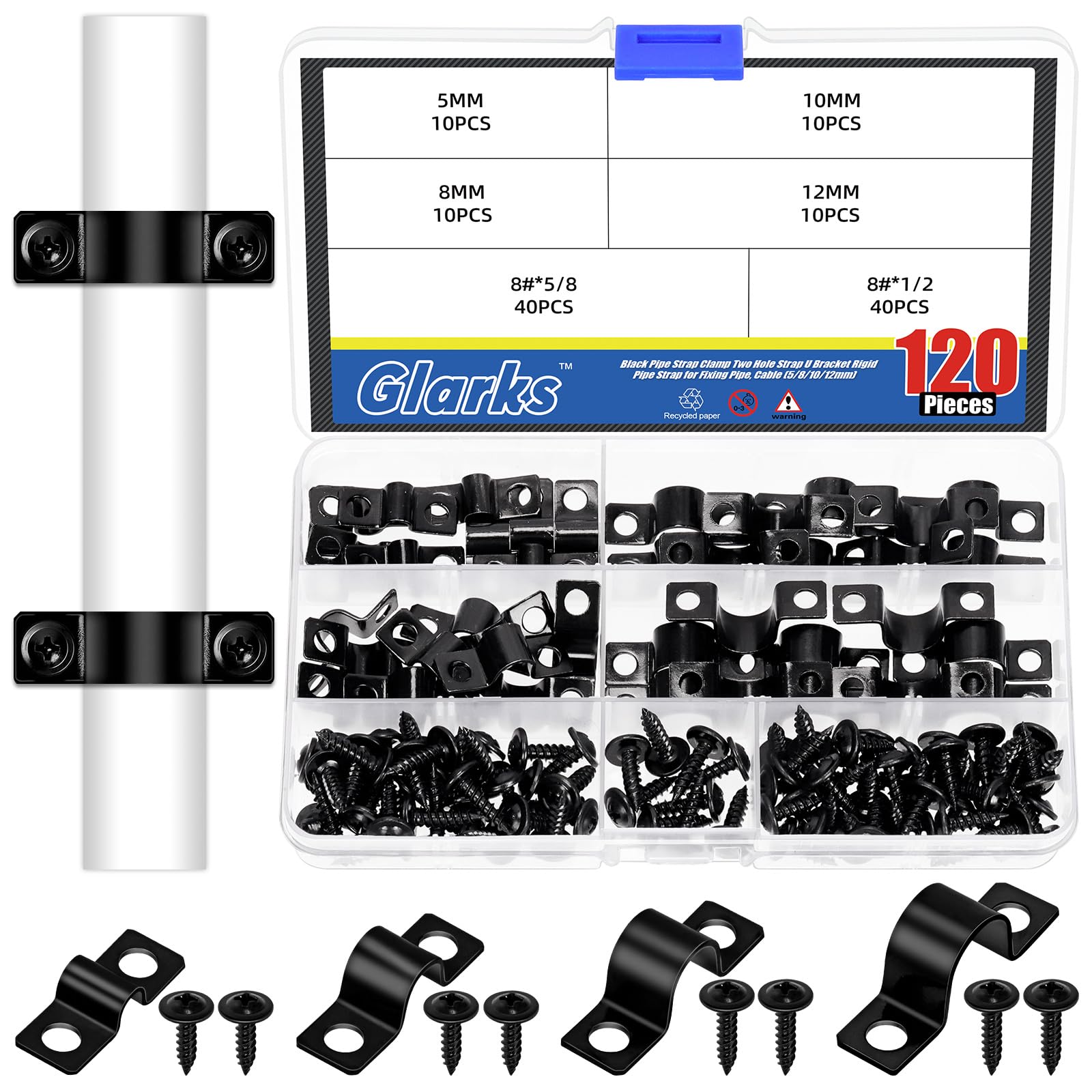 Glarks 40pcs 5/8/10/12mm Pipe Strap Clamp, Black Carbon Steel 2 Hole Strap Heavy Duty Rigid Pipe Strap U Bracket Tube Strap Cable Clamp Hanger Tension Tube Clip with 80pcs Screw for Pipe Tube Cable
