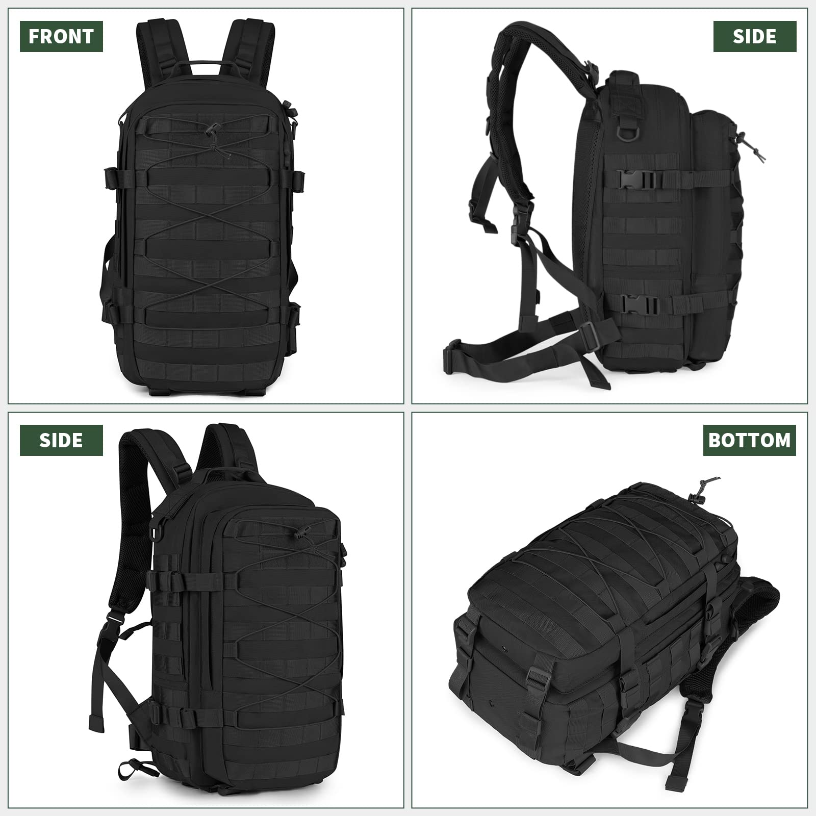 Sac à Dos Militaire Tactique 20L Molle Multifonction Plein Air Randonnée Trekking Cyclisme Fitness Noir