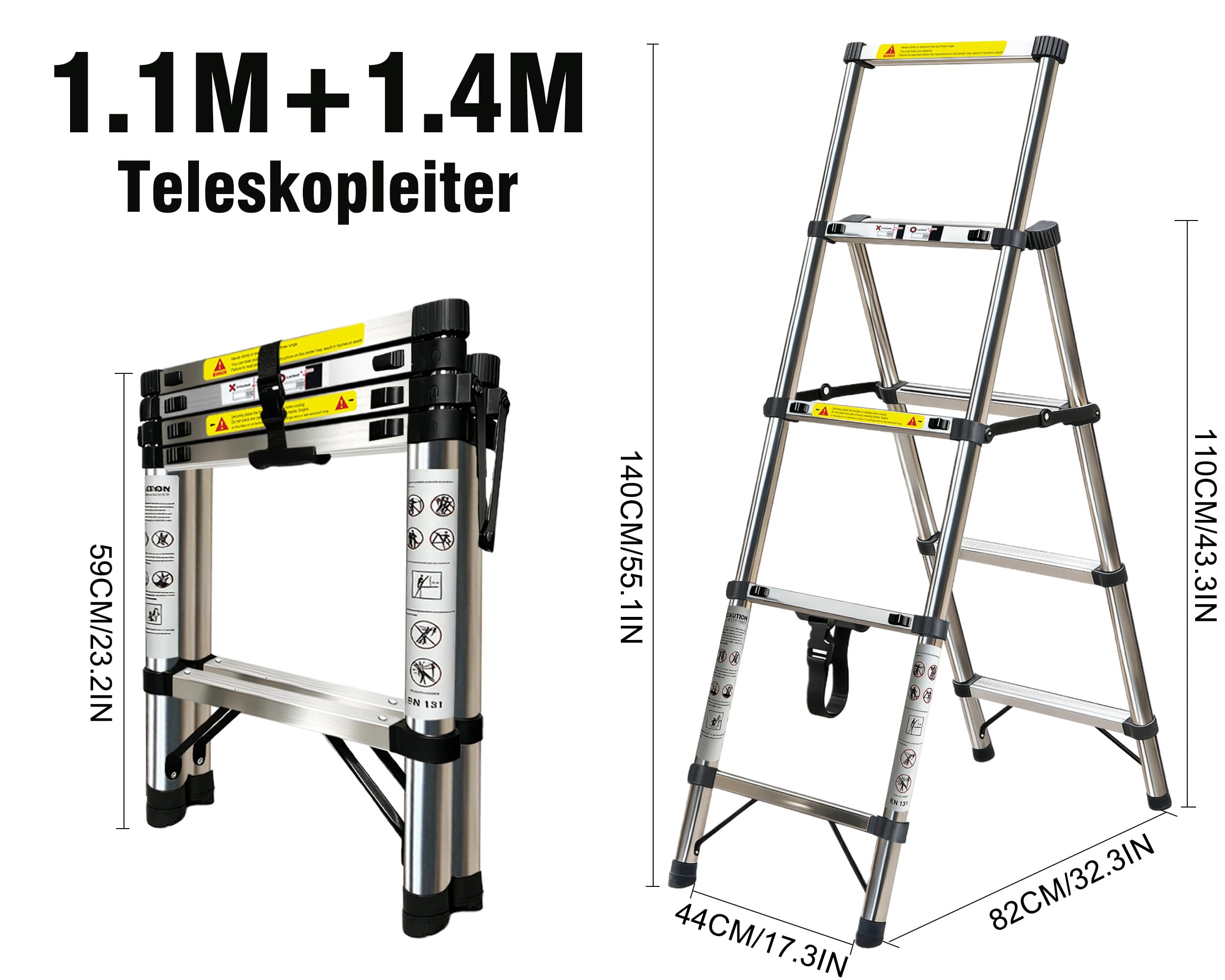 Scala pieghevole in acciaio inox 1.1+1.4m,Scala 3+4 gradini,Scala telescopica Struttura a forma di A,Scala estensibile Blocco di sicurezza (1.1+1.4m)