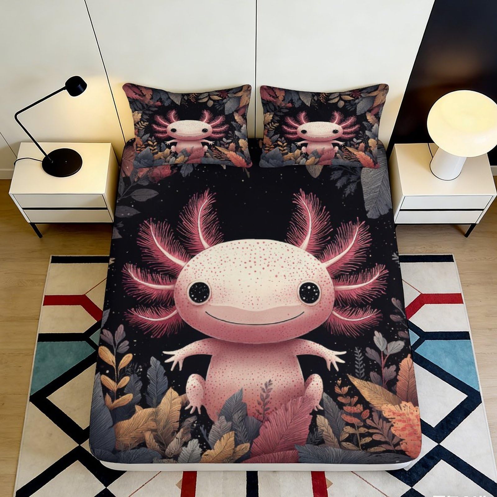 3D Printed Axolotl Fitted Sheet Microfiber Deep Pocket Non-Slip Bedroom Bedding Set Axolotl Mattress Fitted Cover Washable 90x200x25cm