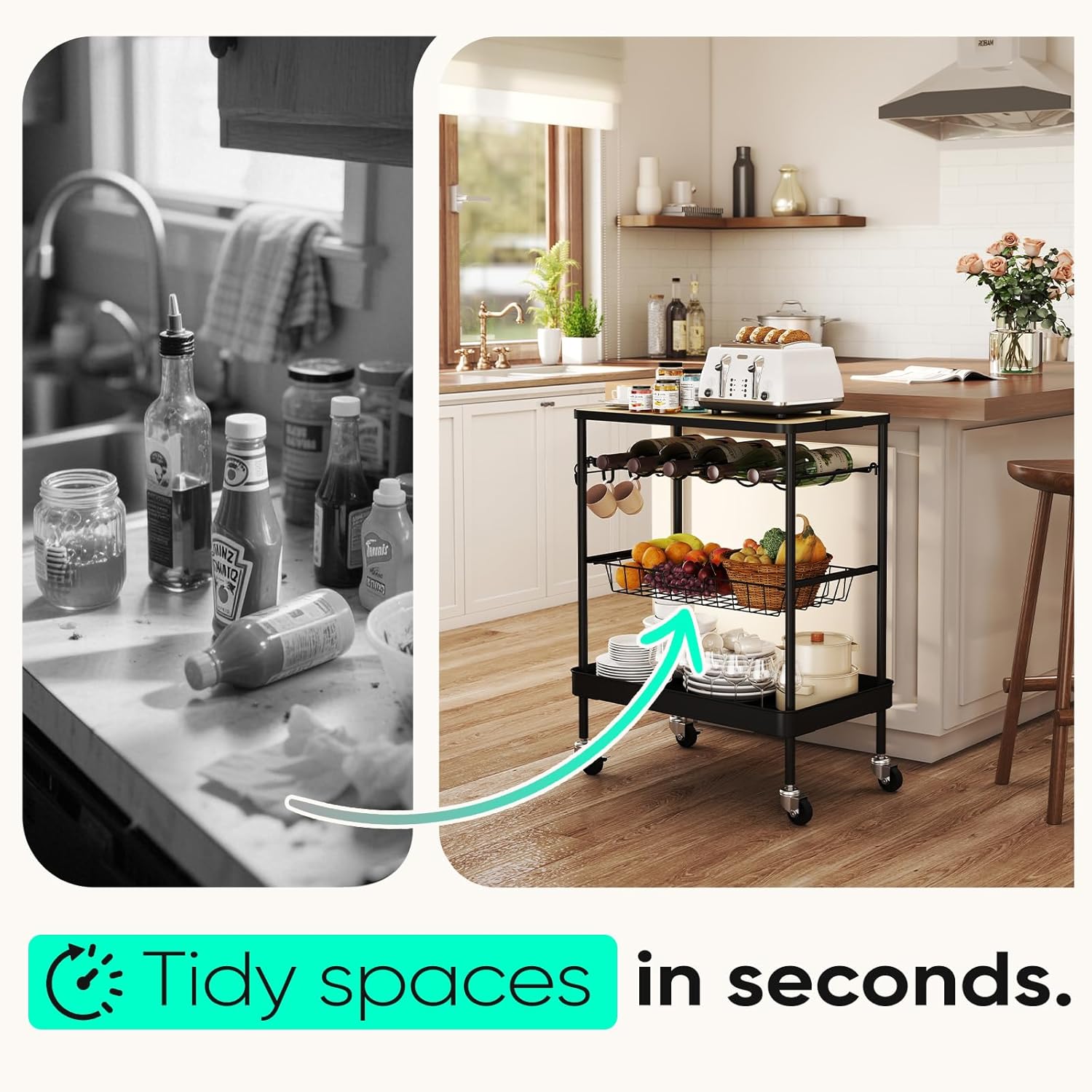 Sekey Rolling Kitchen Cart with Wine Rack, Bar Cart, Home Bar Serving Cart on Wheels with Hook, Mobile Beverage Microwave Carts, for Home, Living Room, Dinning Room, Black and Light Brown