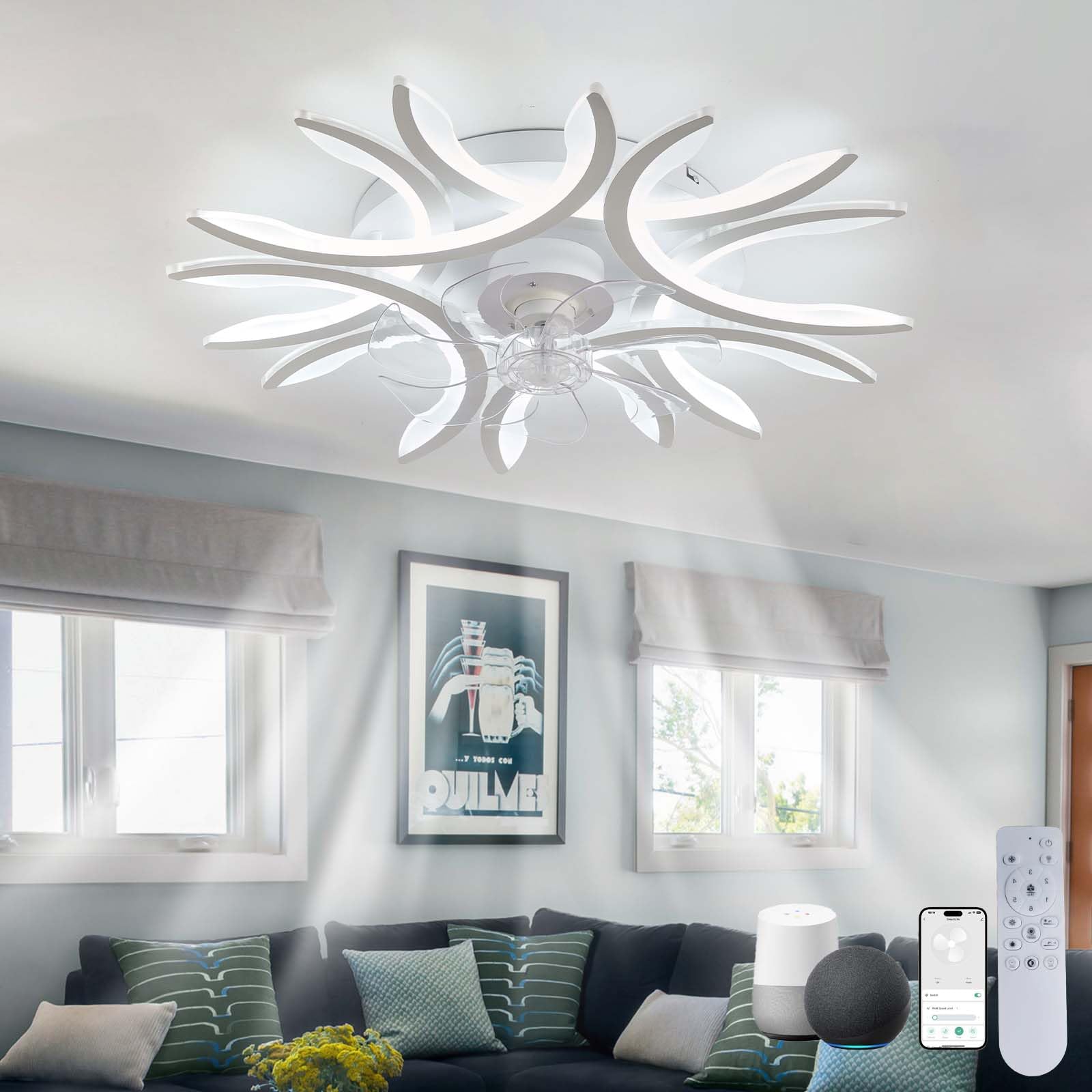 Ventilateur de plafond moderne réversible silencieux grande fleur LED dimmable
