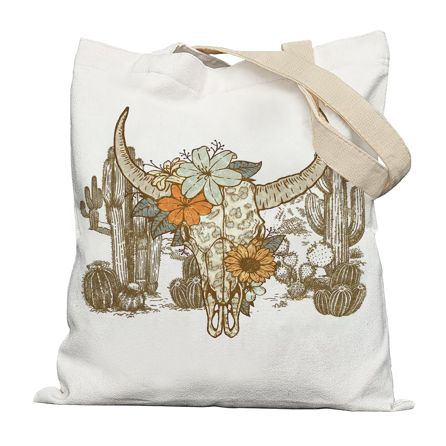 Lacosu Western Tote Bag - Vintage Floral Bull Skull Canvas for Women, Cowgirl Gifts, Reusable Grocery and Shopping Bags