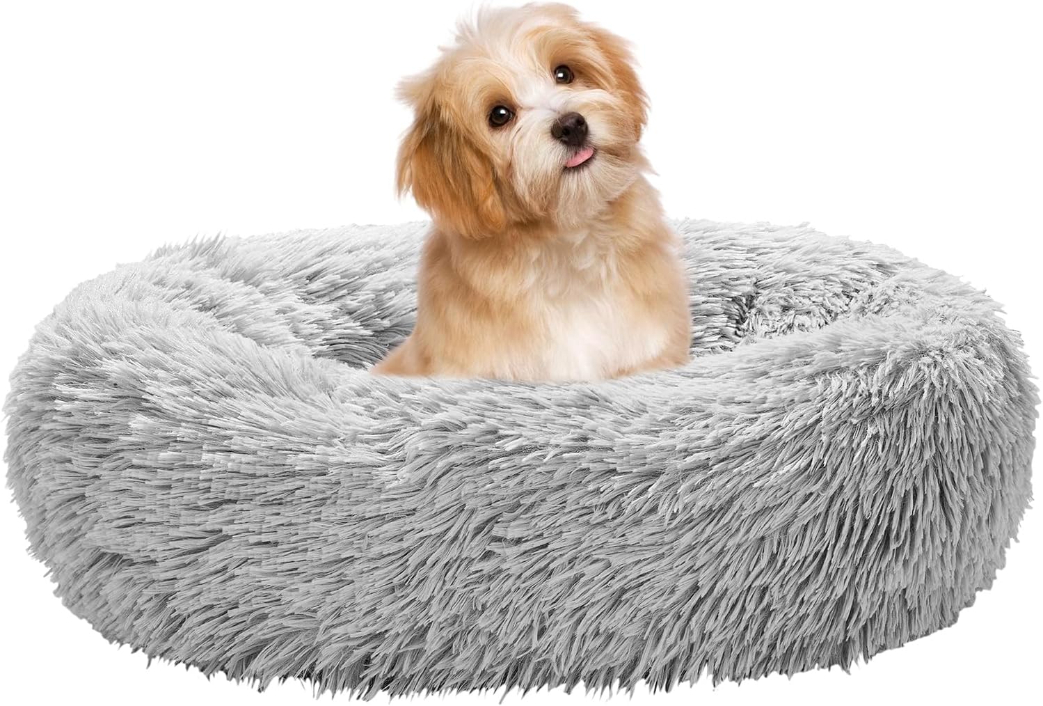 Calming Dog Bed for Small Melium Large Dogs Donut Washable Pet Bed for Puppy and Kitten Anti-Anxiety Donut Warming Cozy Soft Round Bed with Slip-Resistant Bottom (Grey, 24" L x 24" W x 8" Th)