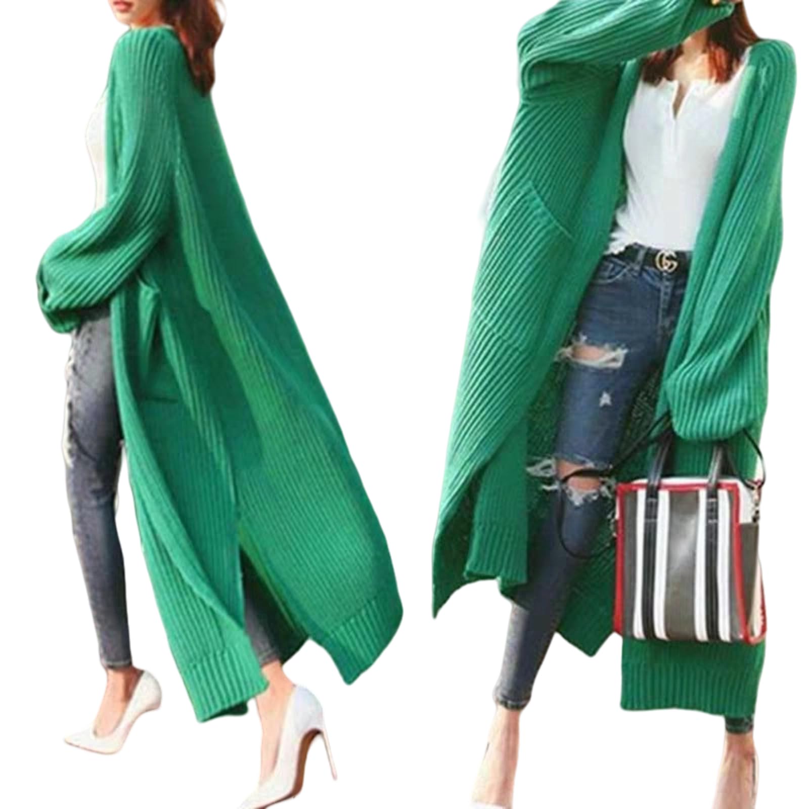 Knit Cardigan Long Sleeve V-Neck Sweater mid-Length Loose Fit Contemporary Style