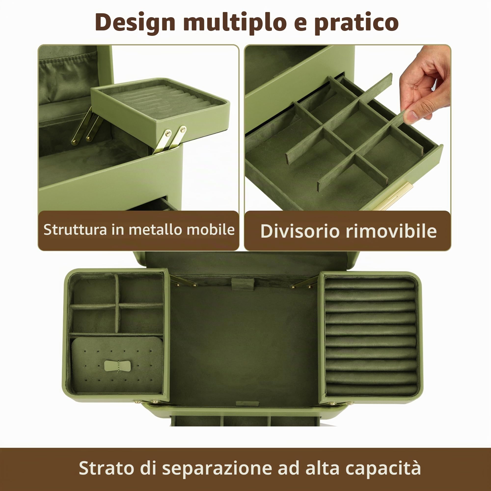 KAMIER Portagioie a 3 strati, in pelle PU, con cassetto, per collane, orecchini, bracciali e anelli