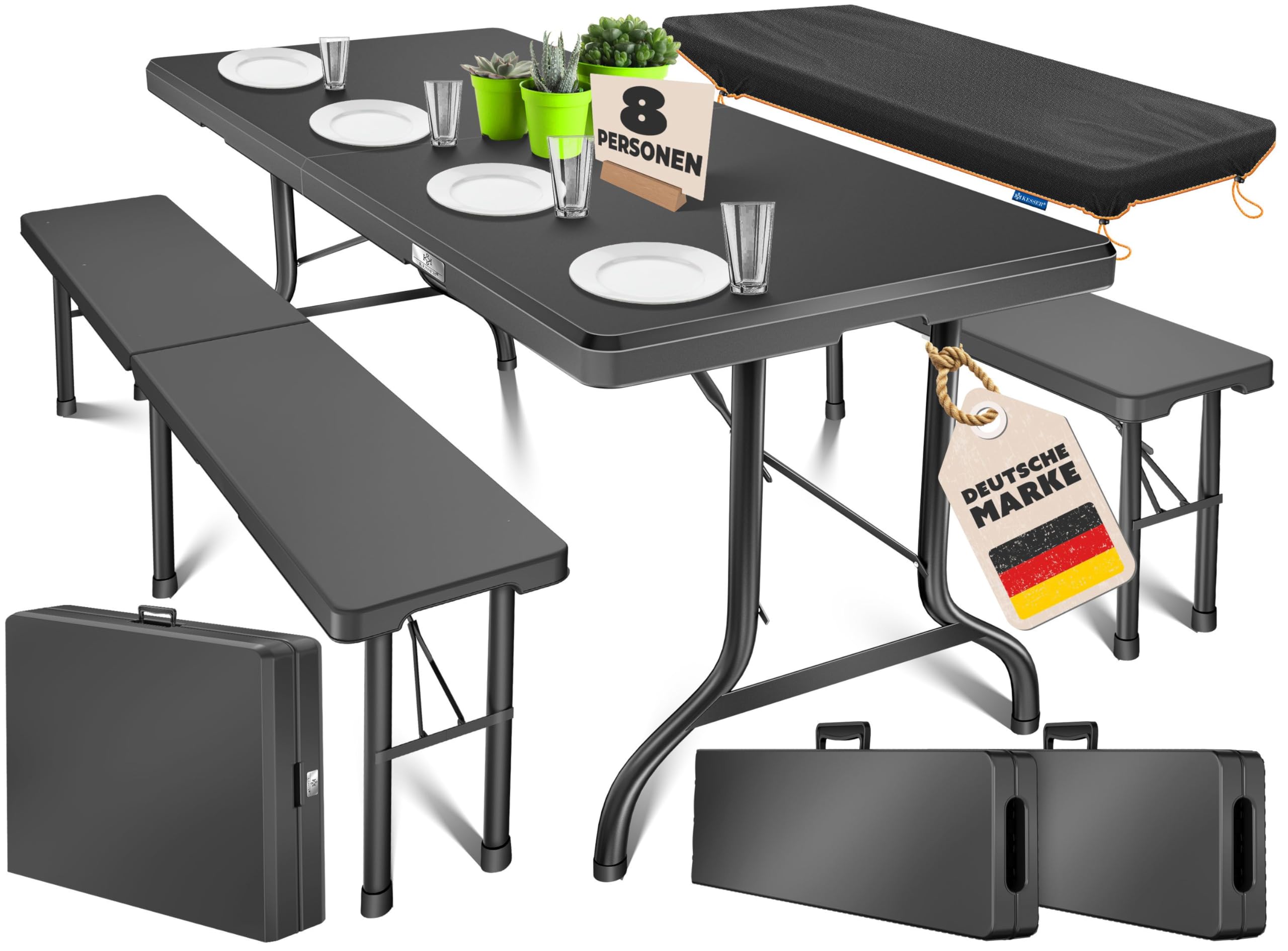 KESSER® Bierzeltgarnitur 3er Set, Klapptisch + 2X Sitzbank – Gartenmöbel Set für 8 Personen, 183x76x74cm, Bierbankgarnitur für Garten, Balkon, Camping & Party, Abdeckung & Kofferfunktion, Anthrazit