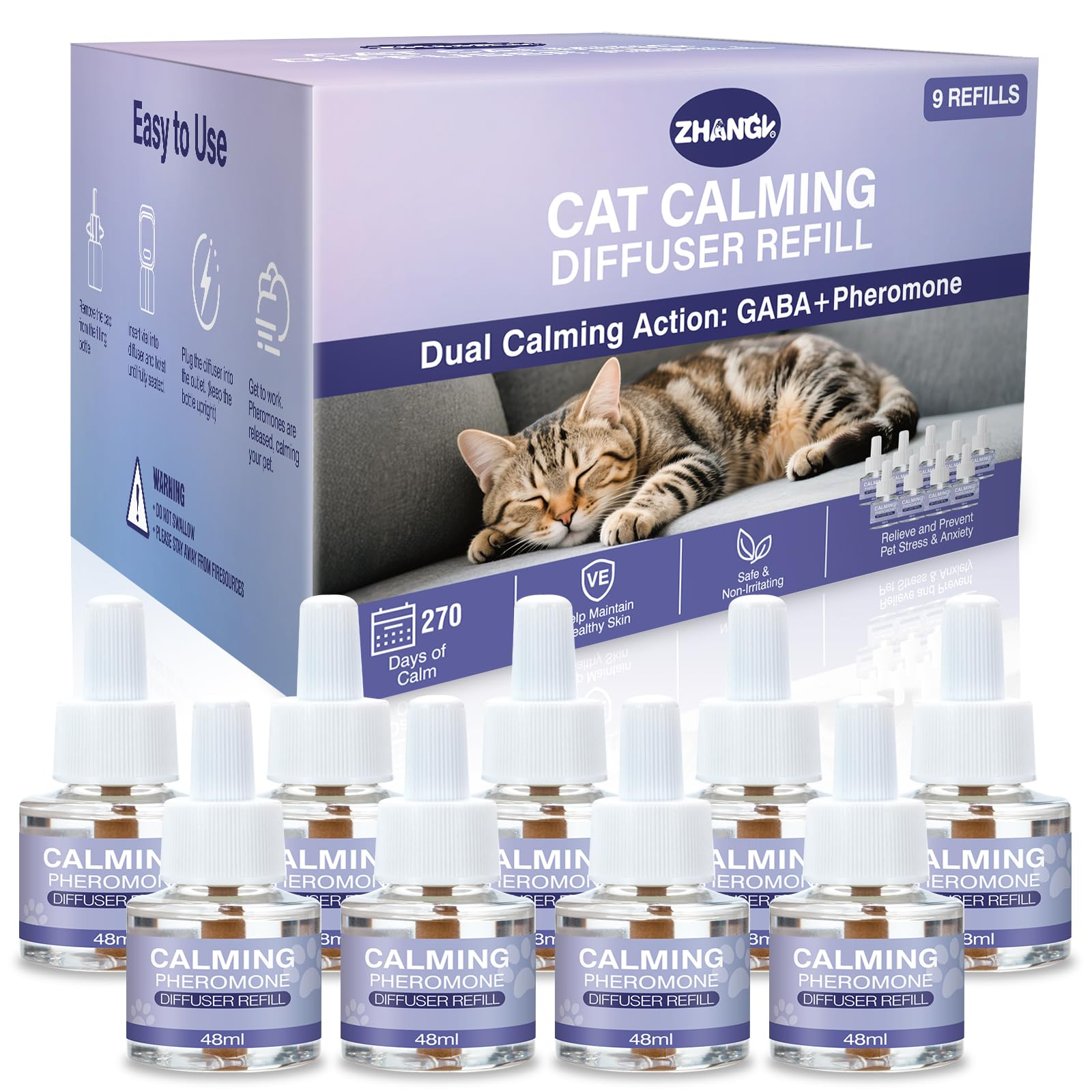 Cat Calming Diffuser Refill 9 Pack Pheromone Diffuser to Calm Cats 270 Days Effectively Anti Anxiety Relief Stress Cat Pheromones Calming Refills 48ml/Bottle Fits All Cats And Common Diffusers Plug in