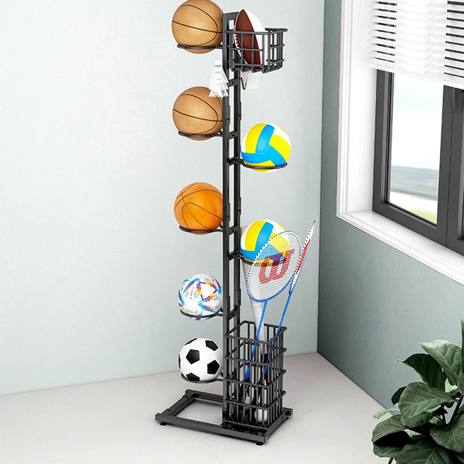Soporte de bolas para rodamientos verticales rack baloncesto almacenamiento multicapa con cesta y ganchos