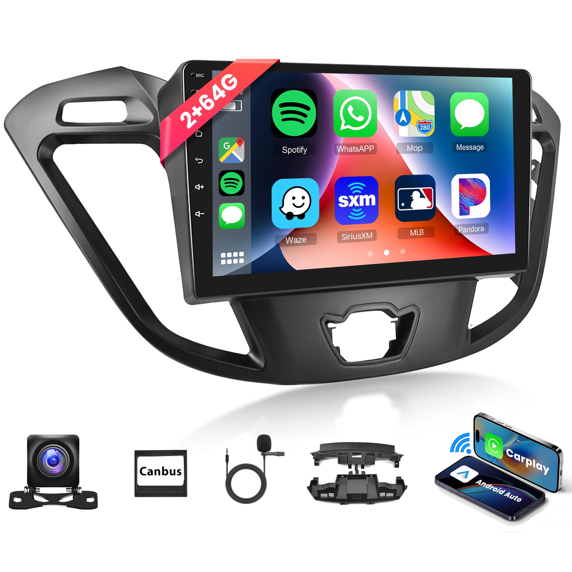 2G 64G Android Car Stereo for Ford Transit Custom Tourneo 2013-2021 with Wireless Carplay Android Auto, 9 Inch Touch Screen Car Radio with GPS Navigation Bluetooth FM RDS WiFi Backup Camera