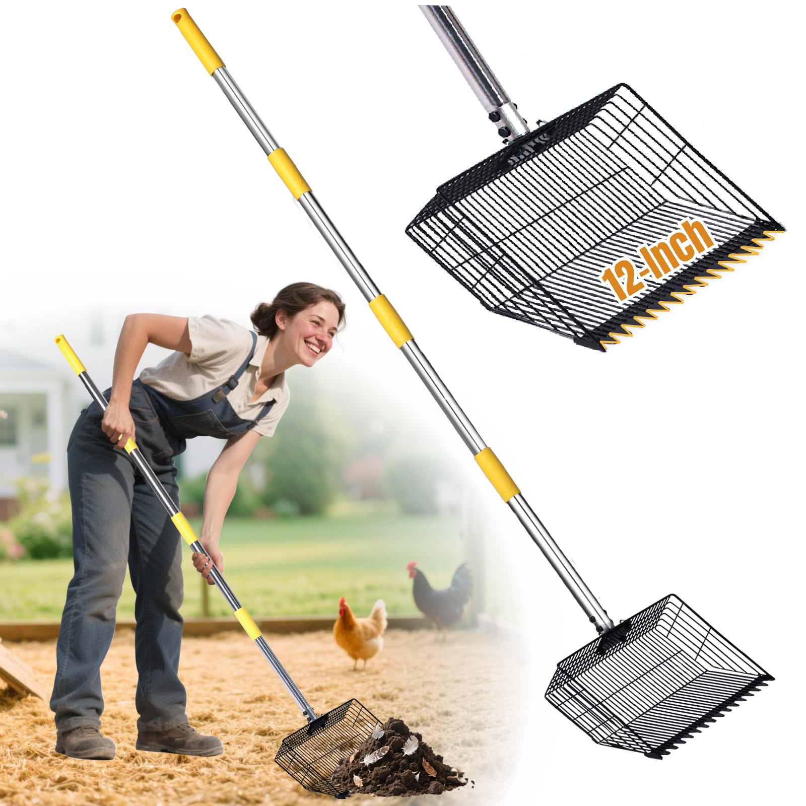 Chicken Poop Scooper with Rake for Sand - Ergonomic 12" Extra Wide Sifter Scoop, 65" Back Saving Long Handle, Heavy Duty Pooper Litter Cleaning Tool for Chicken Coop, Large Dogs, Farm Animals
