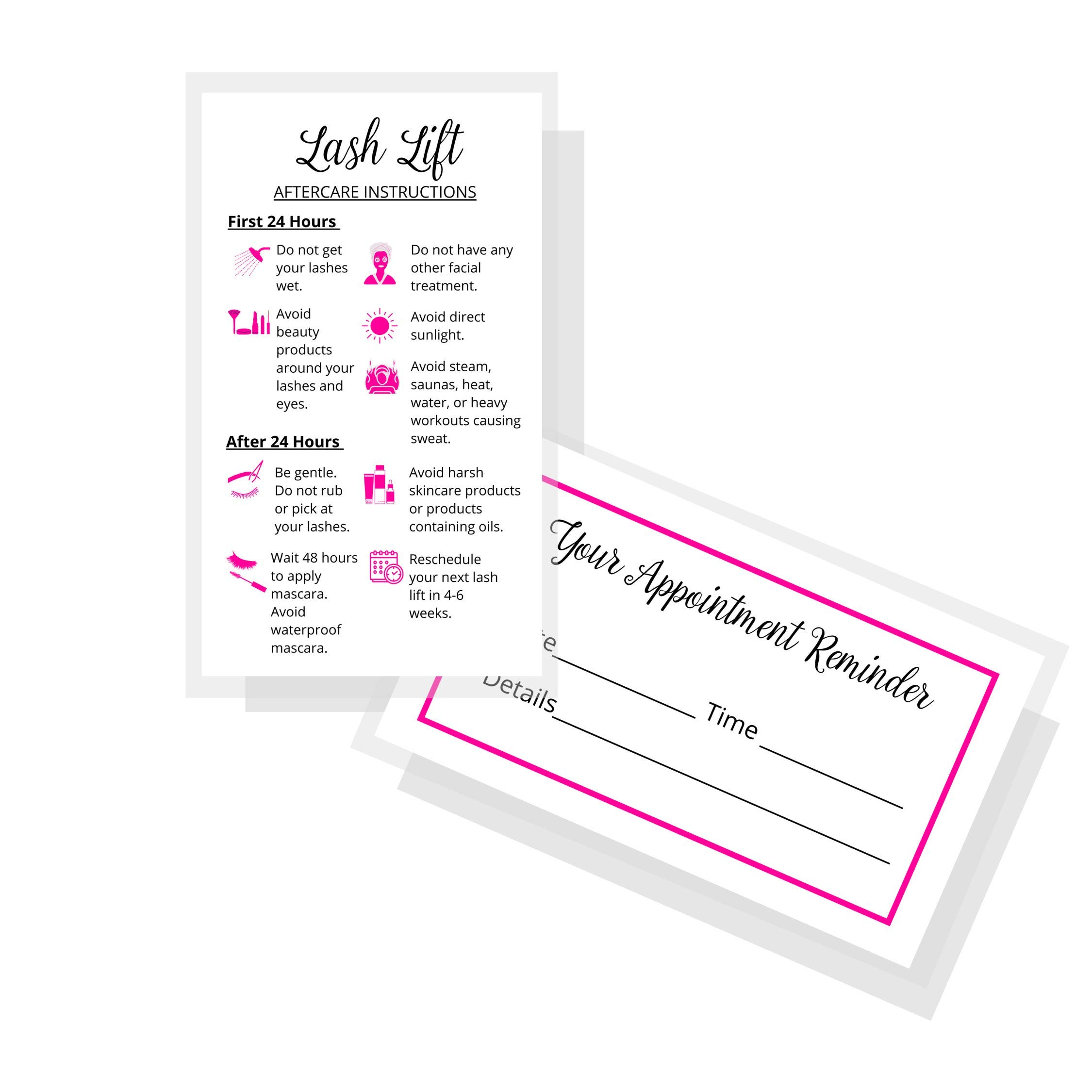 Lash Lift Aftercare Instruction + Appointment Reminder Cards | 50 Pack | 2 x 3.5” inches Business Card Size | Starter Eyelash Lift Kit at Home DIY aftercare Supplies | White with Pink Icons Design