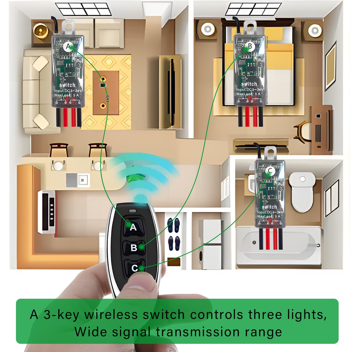 Interruptor inalámbrico de 12 V, mini interruptor inalámbrico de 3 canales con mando a distancia, CC 5 V-24 V, 5 A, interruptor de luz inalámbrico con 50 m de largo alcance para puerta de