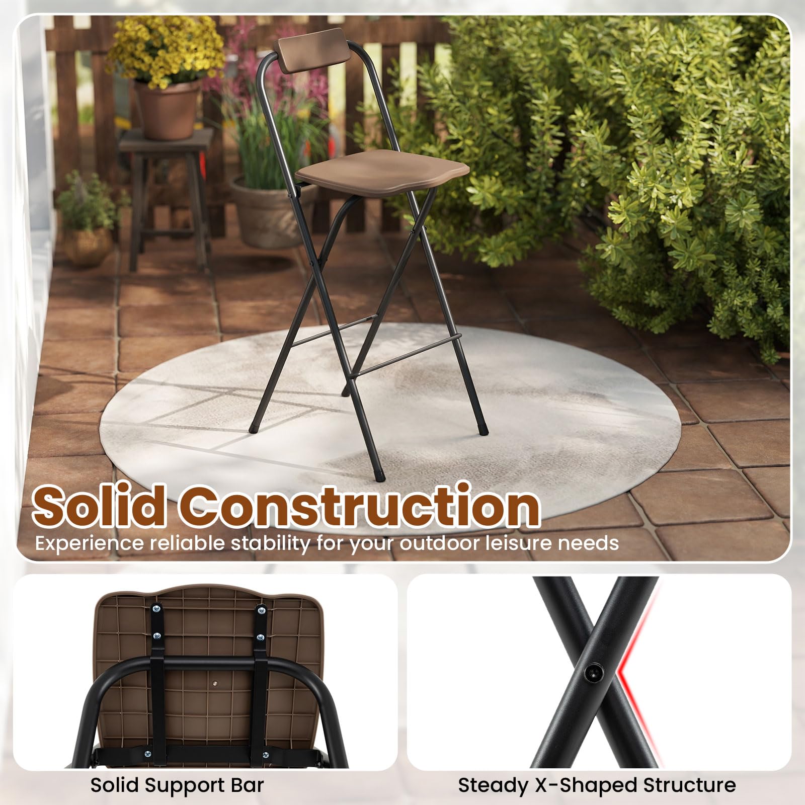 GIANTEX Set di 2 Sgabelli da Bar Pieghevoli, Sedie per Esterni con Schienale Inclinabile, Seduta Curvata e Poggiapiedi, Sgabelli Alti con Struttura in Metallo per Balcone, Terrazza, Giardino (Marrone)