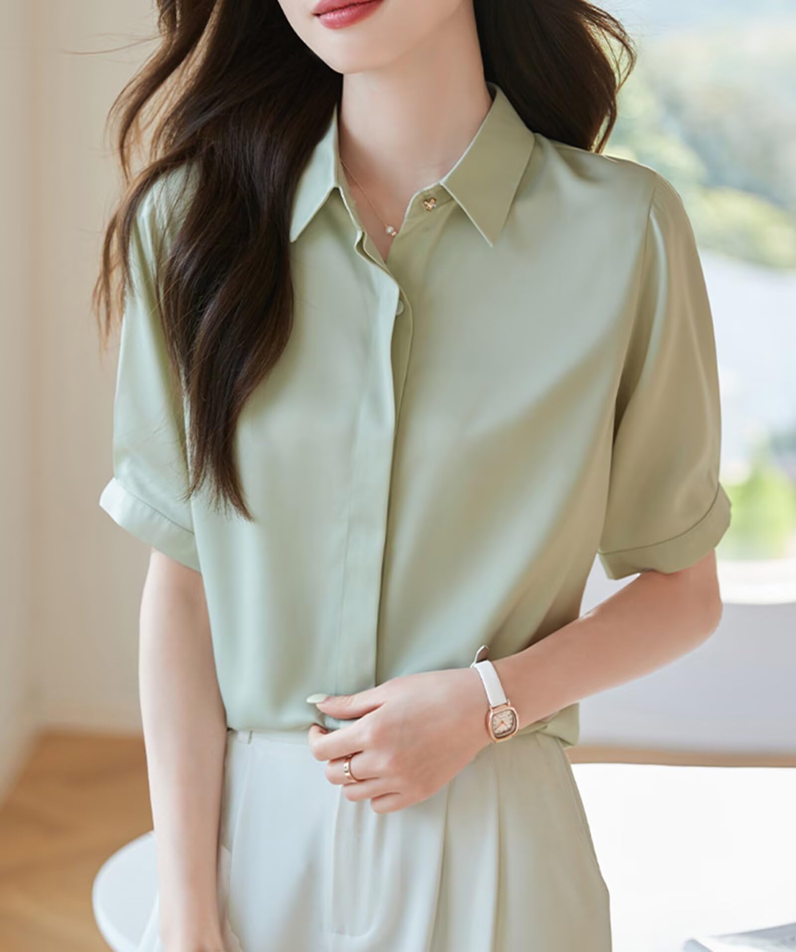 HNVAVQ Camicia in Seta Donna Classica Blusa Maniche Corte con Bottoni Camicia Formale per Lavoro Ufficio