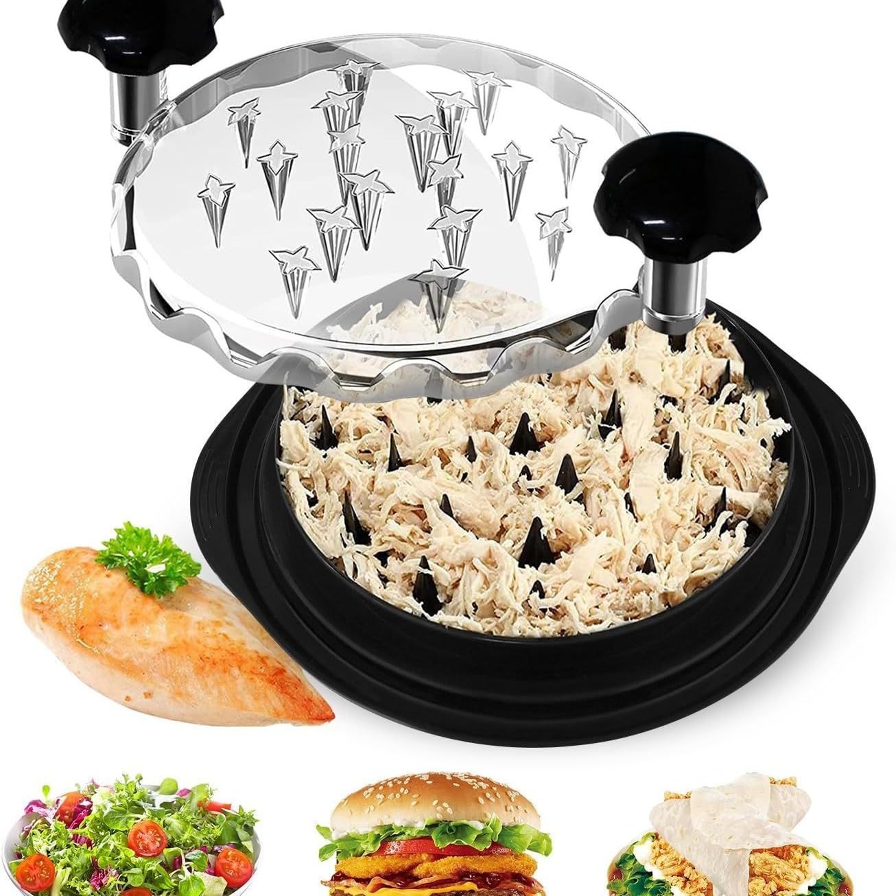 Vonmerie Chicken Shredder Tool, 25 cm Meat Shredder with Ergonomic Handle, Transparent Lid, Non-Slip Base, BPA-Free & Dishwasher Safe, Includes Brush & Fork Set for Fitness & Light Meals