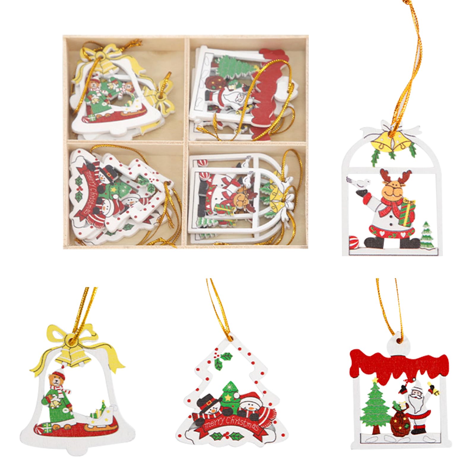 Larfraecy Set de 12 Adornos Colgantes de Madera para Navidad,Muñeco de Nieve Alce Árbol Campana Navidad Colgantes,Decoración Arbol Navidad en Caja de Regalo con 4 Compartimentos (A)