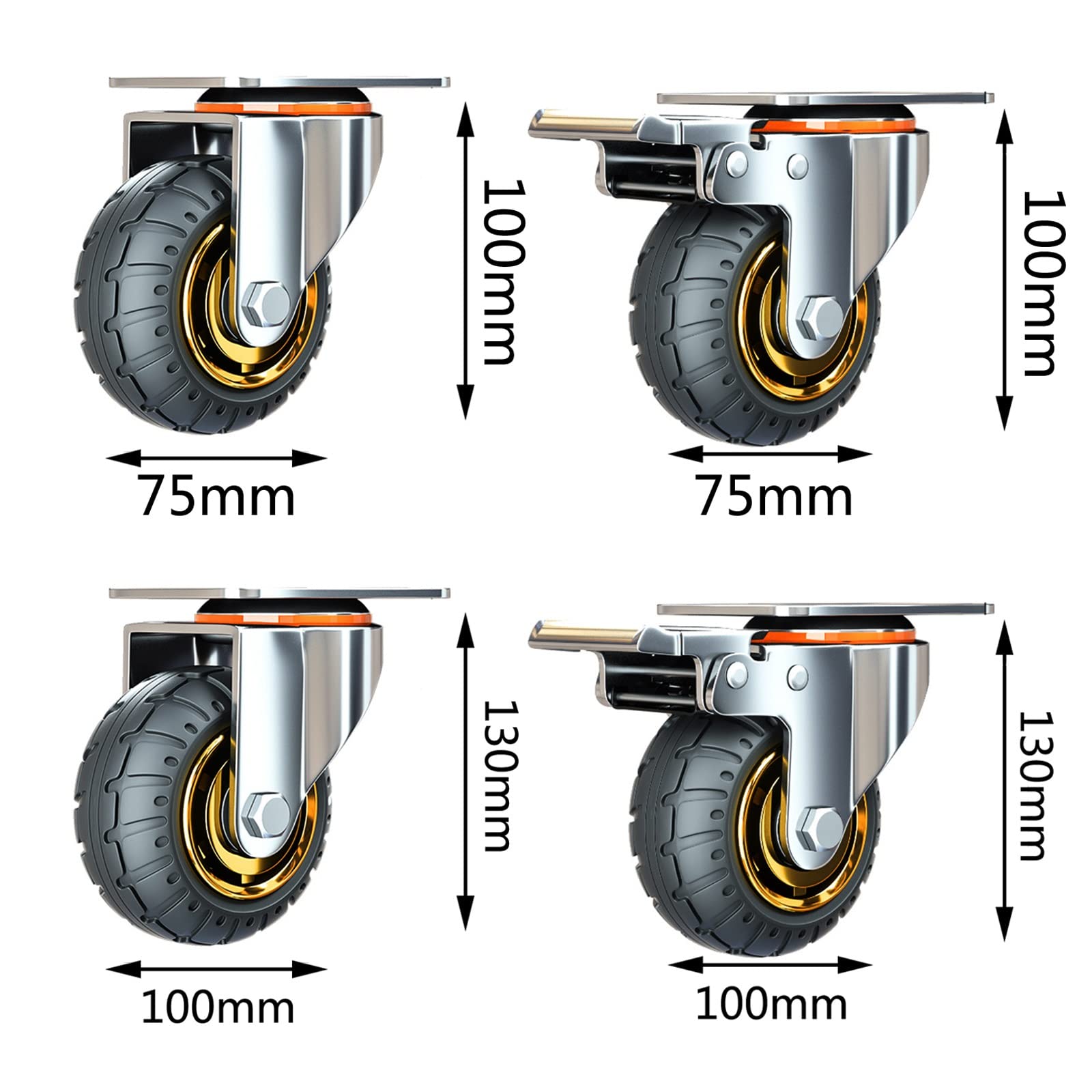 HJXGQJM Ruote Pivottanti in Gomma,Ruote con Freno for Mobili Tavolo Trolley Culla Ruote Armadio da Cucina, Ruote in Gomma Piena, 2 Ruote Piroettanti E 2 Ruote con Freno Rotelle girevoli(100mm)