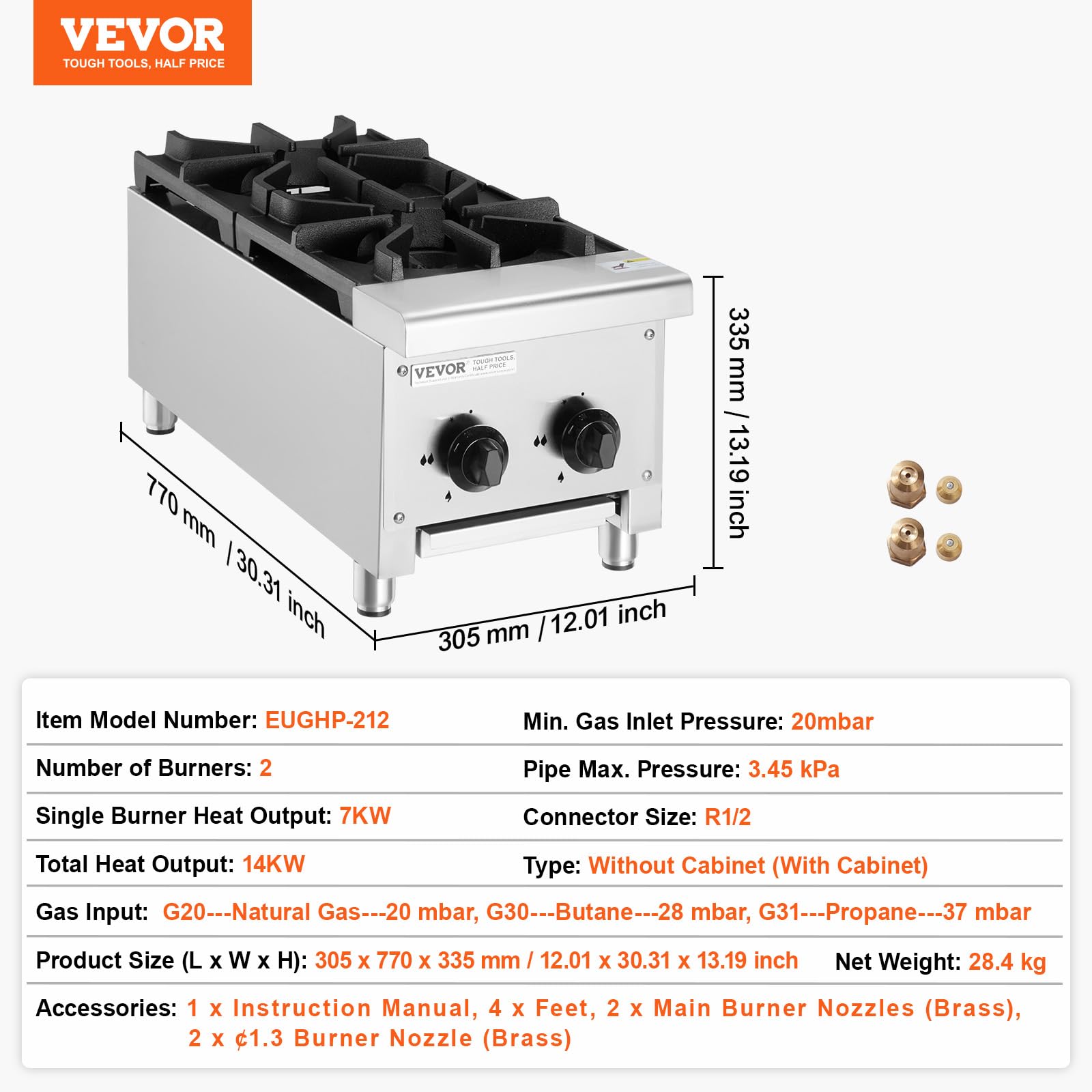 VEVOR Cuisinière à Gaz Commerciale avec 2 Brûleurs, Plaque de Cuisson de Comptoir au Propane et au Gaz Naturel, 14 kW, en Acier Inoxydable, Équipement de Cuisson Commercial pour Restaurant Domicile