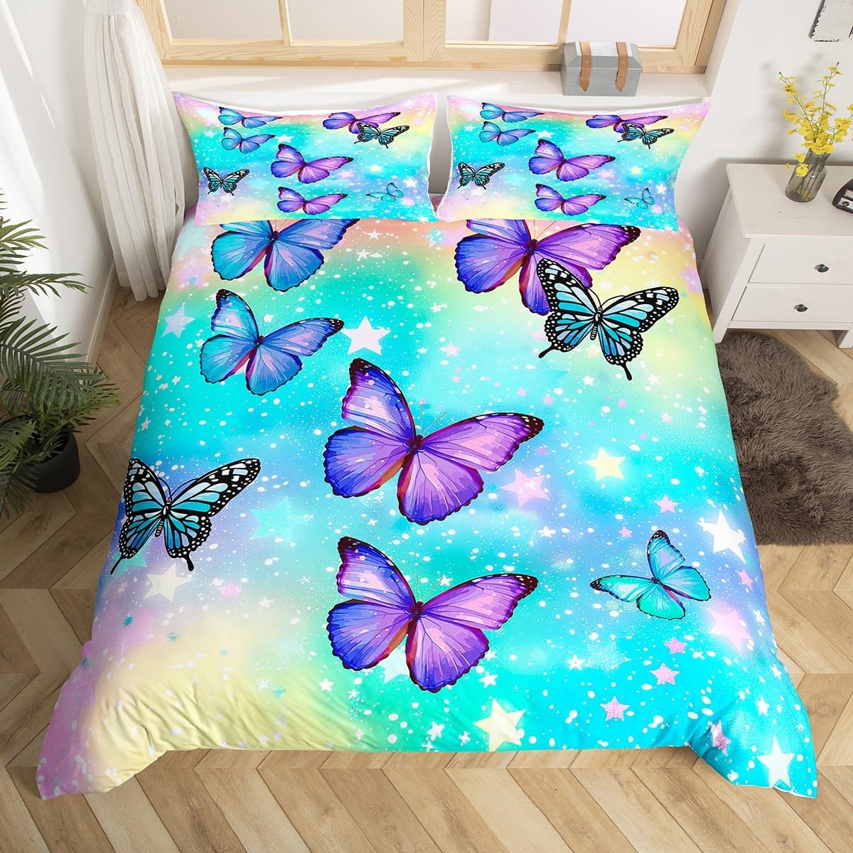 Feelyou Glitter Butterfly Bedding Set Colorful Butterfly Comforter Cover for Kids Girl Floral Duvet Cover Bed Set Beautiful Room Decor 3Pcs with 2 Pillow Case Full Size (No Comforter)