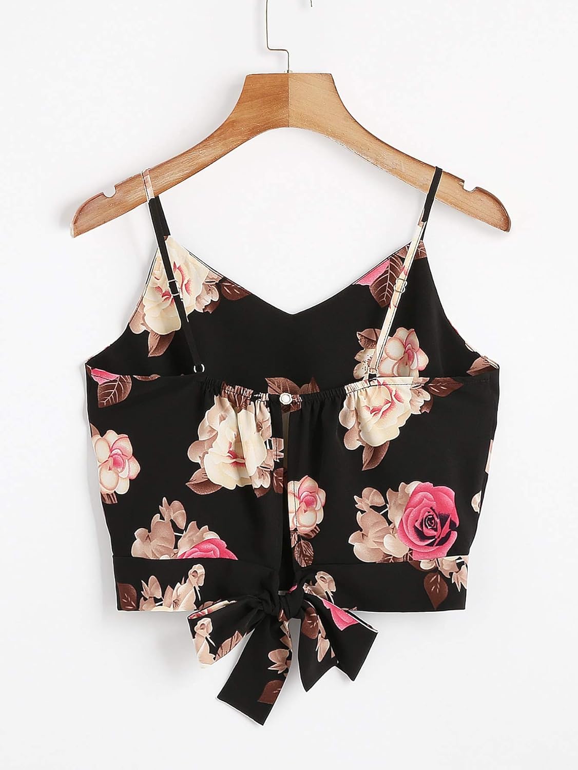 MakeMeChic Women's Self Tie Back V Neck Crop Cami Top Camisole Small Black Floral