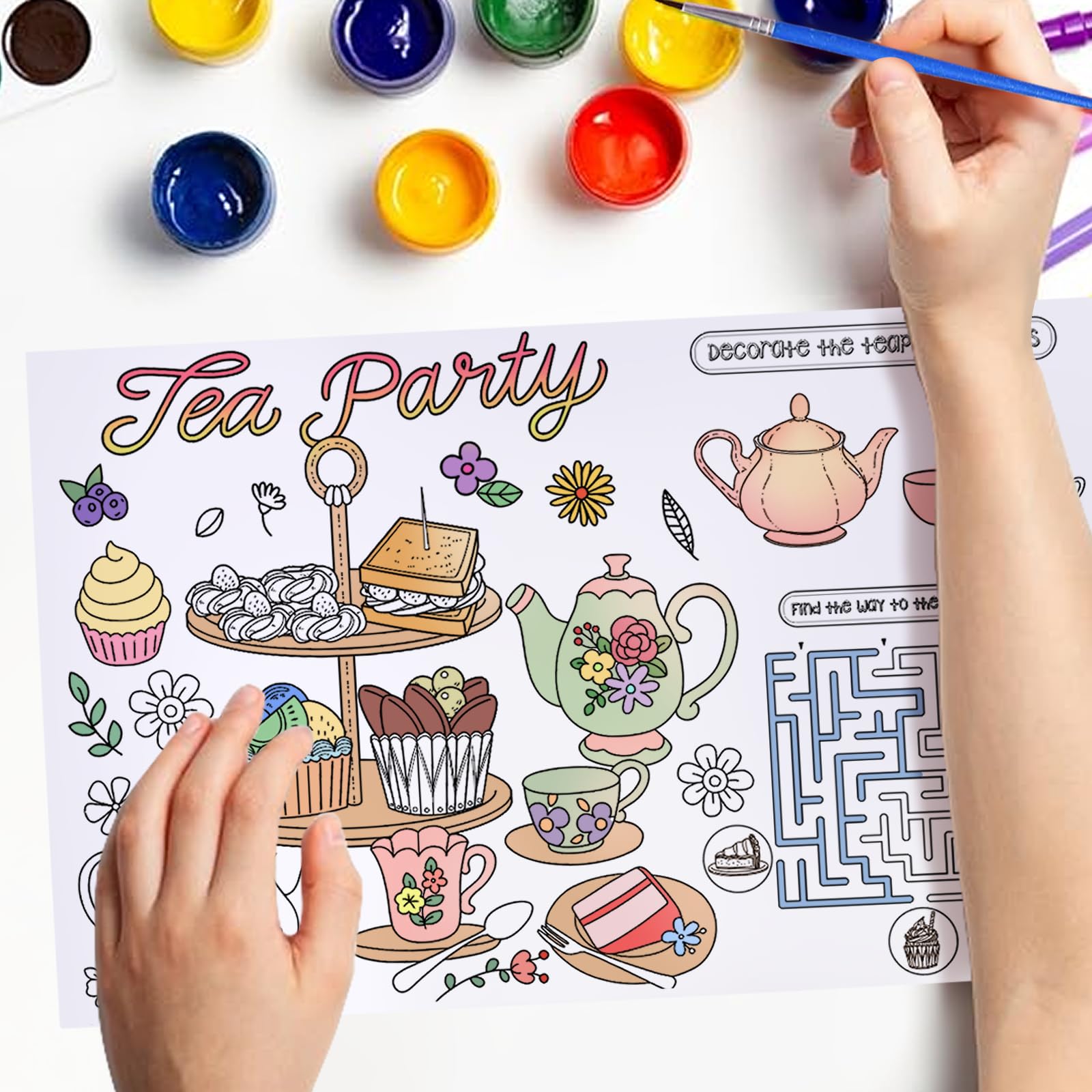 SYUCVQI 24 Pcs Tea Time Coloring Placemats Tea Party Disposable Paper Placemats DIY Drawing Place Mats with Teapot Pattern Party Table Decorations for Birthday Classroom Games Activities Supplies - Image 3