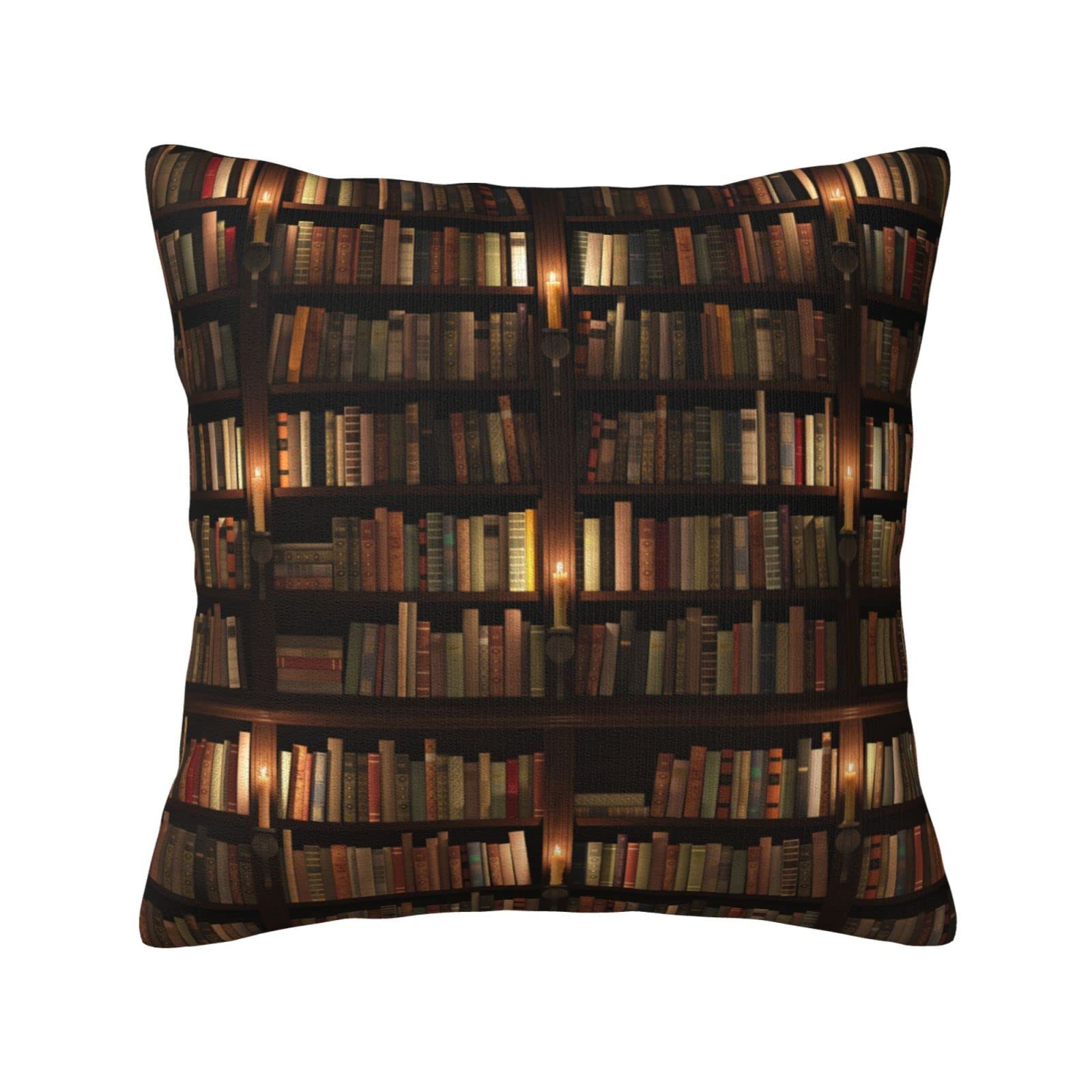 Candle-lit Mysterious Library Bookcase Throw Pillow Case Bookshelf Design Cushion Cover Throw Pillow Cover Home Decorative for Living Room Sofa Couch Bed Pillowcase 18x18 inch