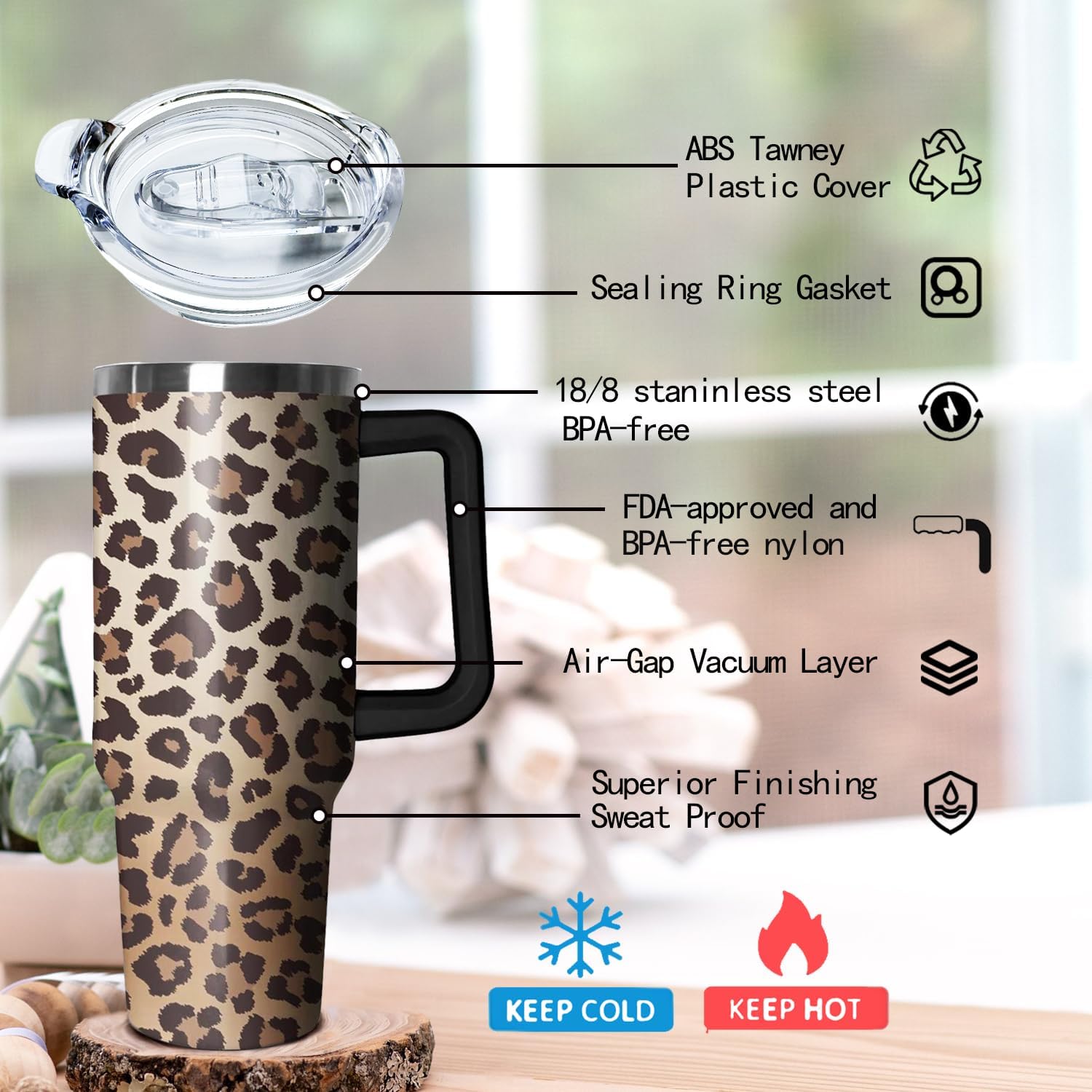 Ceovfoi 40 Oz Tumbler With Handle, Leopard Print Cheetah Coffee Travel Mug Cup, Water Bottle, Decor, Gifts for Women - Image 3