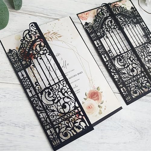 Miniatura 10 de Diseño de puerta de invitaciones de oro rosa hueca brillante para bodas, compromisos, sirena, 25 juegos (oro rosa, 4.9 x 7.1 pulgadas)