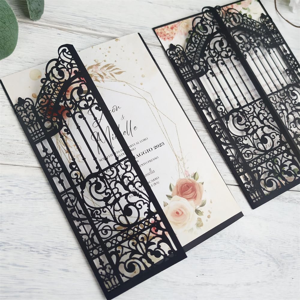 MillaSaw Invitaciones cortadas con láser para bodas, compromisos, sirena, fiesta de cumpleaños, diseño plegable, 25 juegos (negro, 4.9 x 7.1 pulgadas)