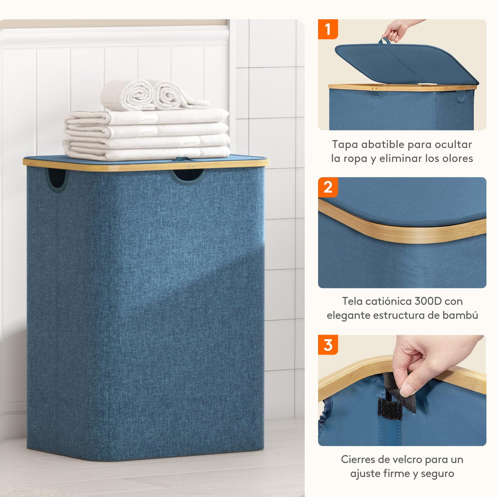 Lifewit 150L Cesto Ropa sucia con Tapa, Grande Cesto para la Ropa sucia, Cubo ropa sucia, 3 Compartimentos, clasificador de Ropa con Asas de bambú y 3 Bolsas para la colada extraíbles, Azul