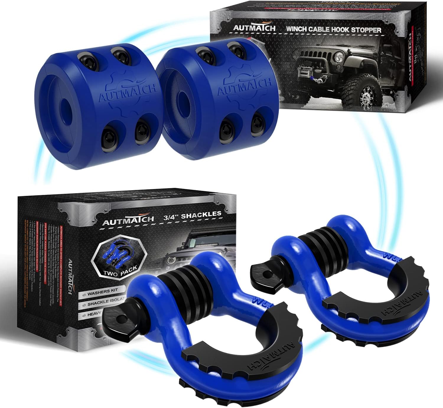 AUTMATCH 3/4" D Ring Shackle with Isolator & Washers Kit, Winch Cable Hook Stopper and Silicone Rubber Shock Absorbent Winch Stopper for Jeep Tow Strap Winch Off Road Vehicle Recovery, Blue & Black