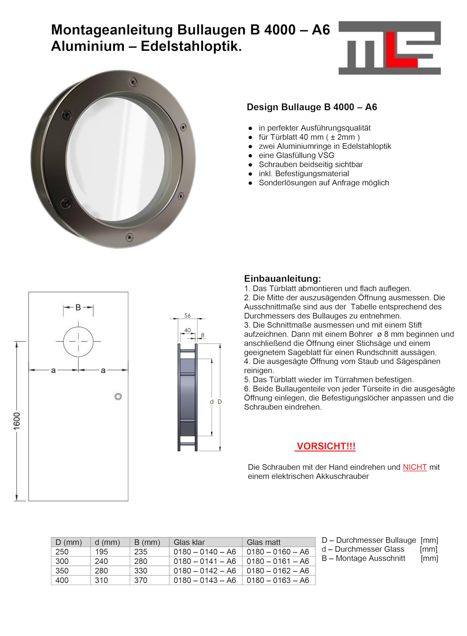 MLS Bullauge B4000 für Türen, Aluminium, 300 mm, Klares Glas, Silber | VSG-Sicherheitsglas, Passend für 40 mm Starke Türen, Beidseitig Sichtbare Befestigungsschrauben