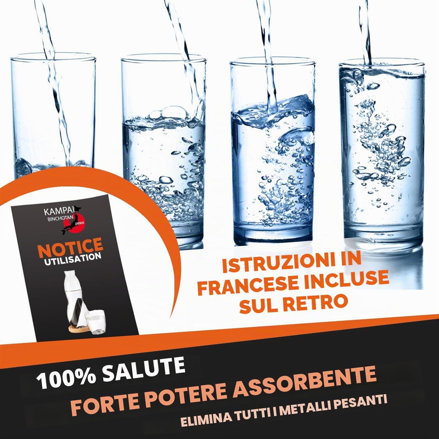 KAMPAI Carbone attivo acqua x4 | Filtro 2,5 L a 3 L / bastone | Binchotan grosso calibro | Purificatore Vegetal Bio - Ricarica Caraffa filtrante - Purificazione acqua del rubinetto bottiglia vetro