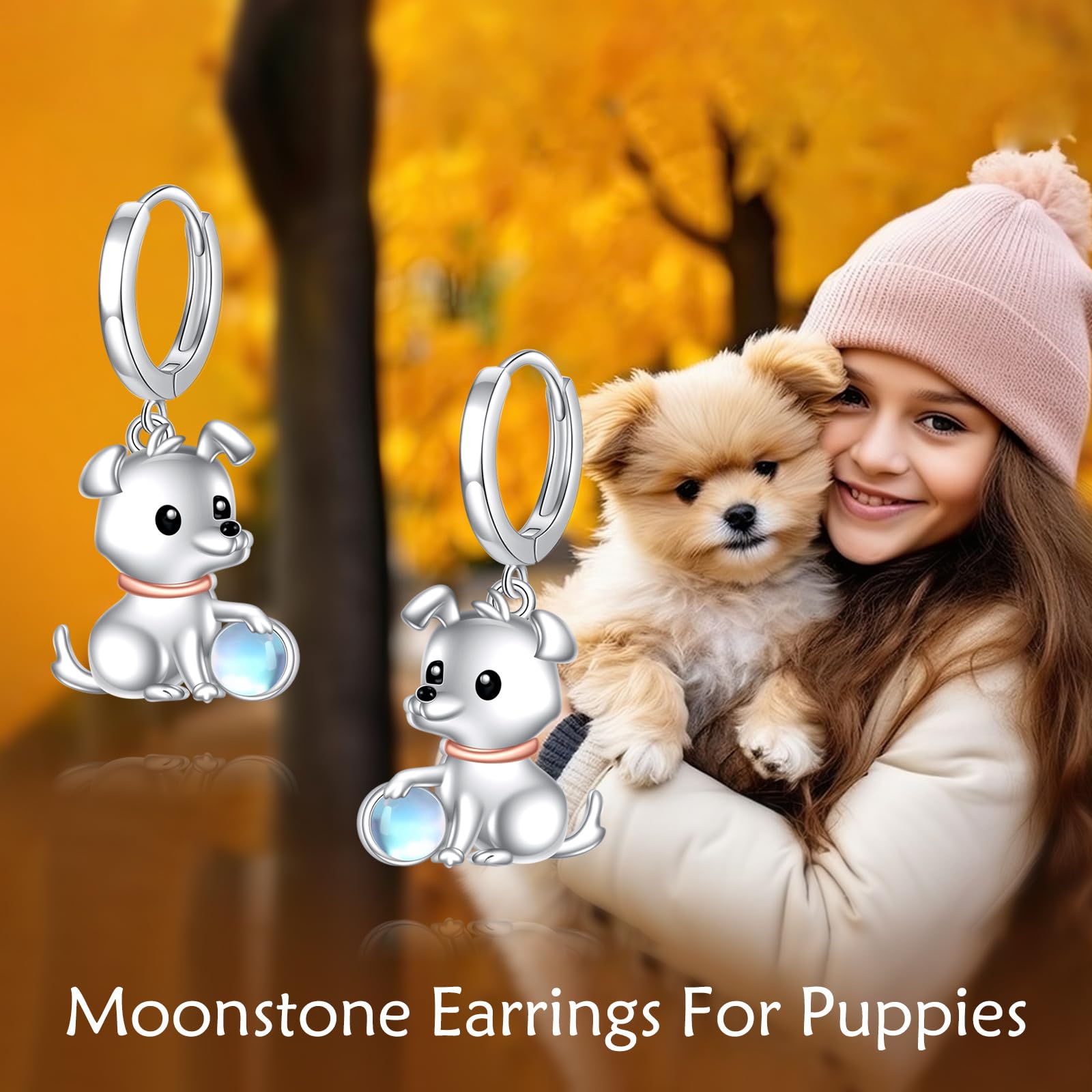 Katze/Hund Creolen für Damen 925 Sterling Silber Tier Mondstein Ohrringe Tier Ohrringe Katzen Schmuck Geschenke für Mädchen Kinder