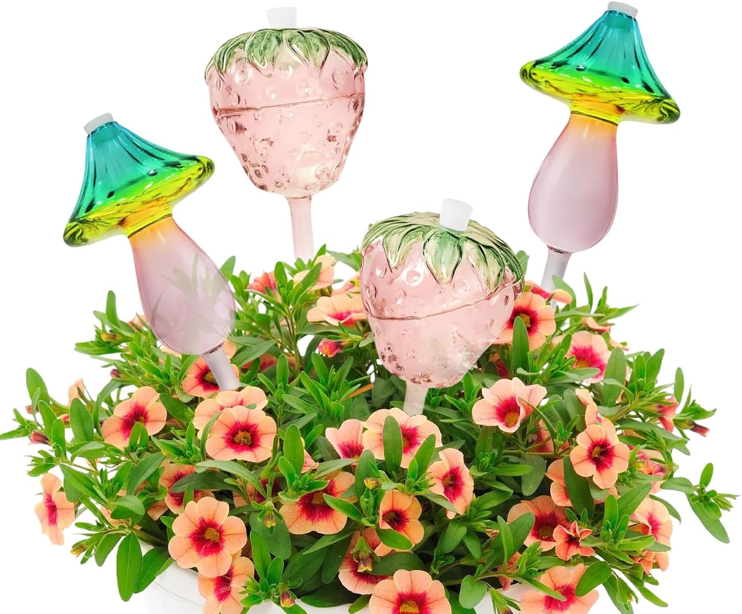 Plant Watering Globes,Glass Watering Bulbs Self Watering Planter Insert Devices 4PCS Plant Waterers for Indoor Plants for Travel Vacation(Mushroom Strawberry Shape)