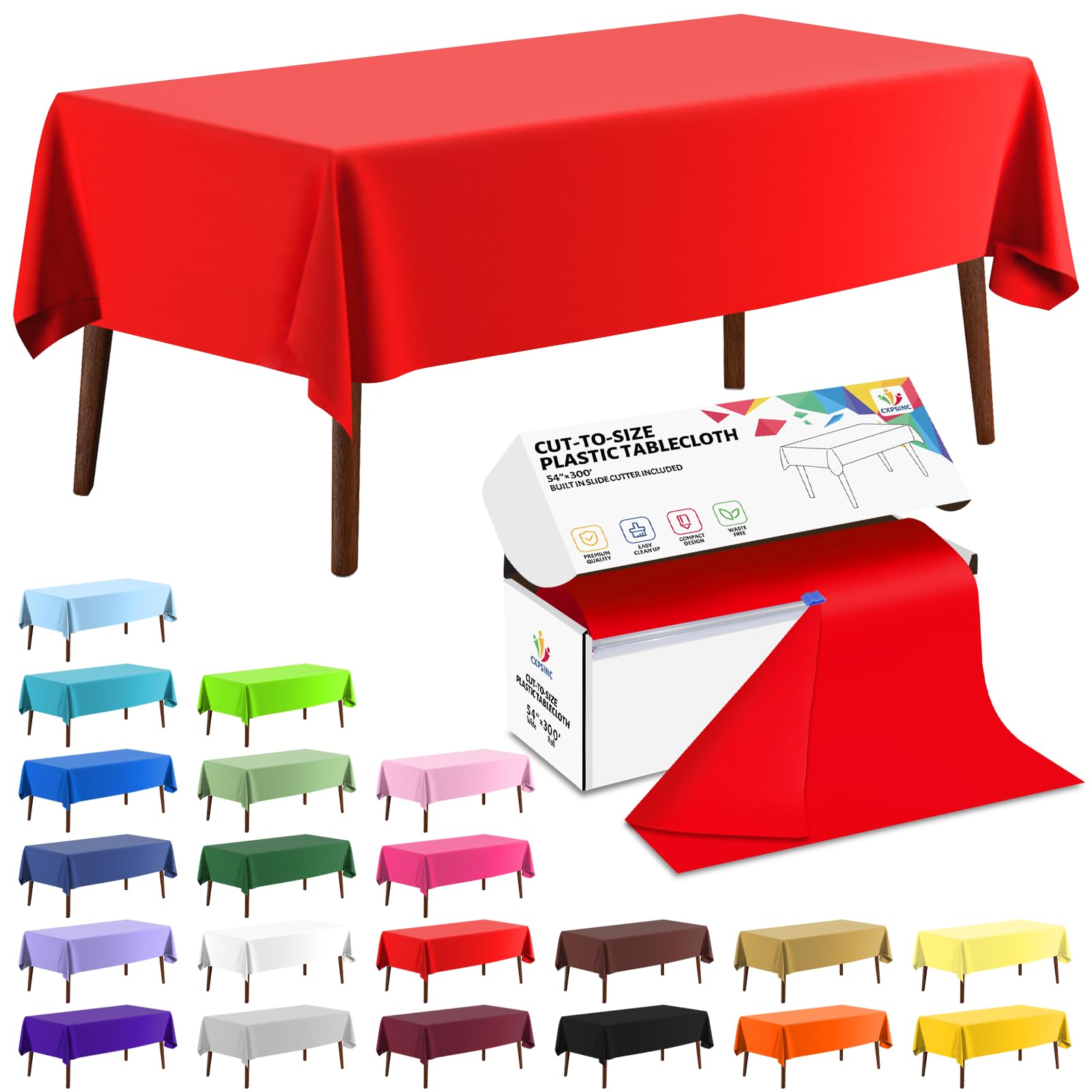CXPSINC 54 Inch X 300 Feet Plastic Table Cover Roll Disposable Tablecloth with Slide Cutter for All Type/Shape Tables | Party, Banquet, Birthdays, Weddings(Red, 300 Feet)