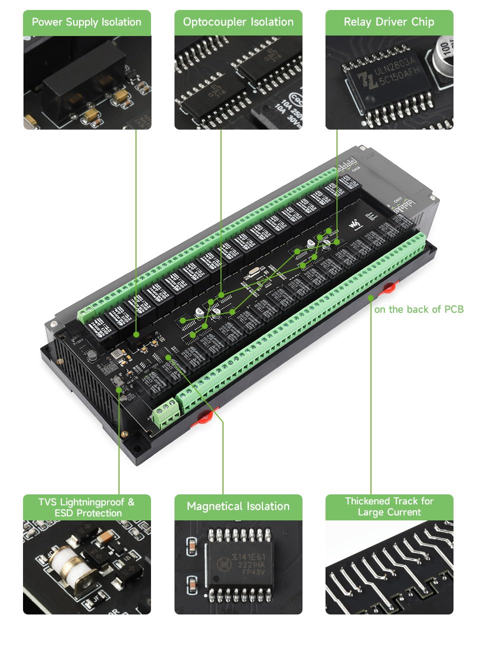 Modbus RTU 32-Ch Modulo relè interfaccia RS485 con circuiti di protezione di isolamento multiplo caso di montaggio su rotaia di livello industriale