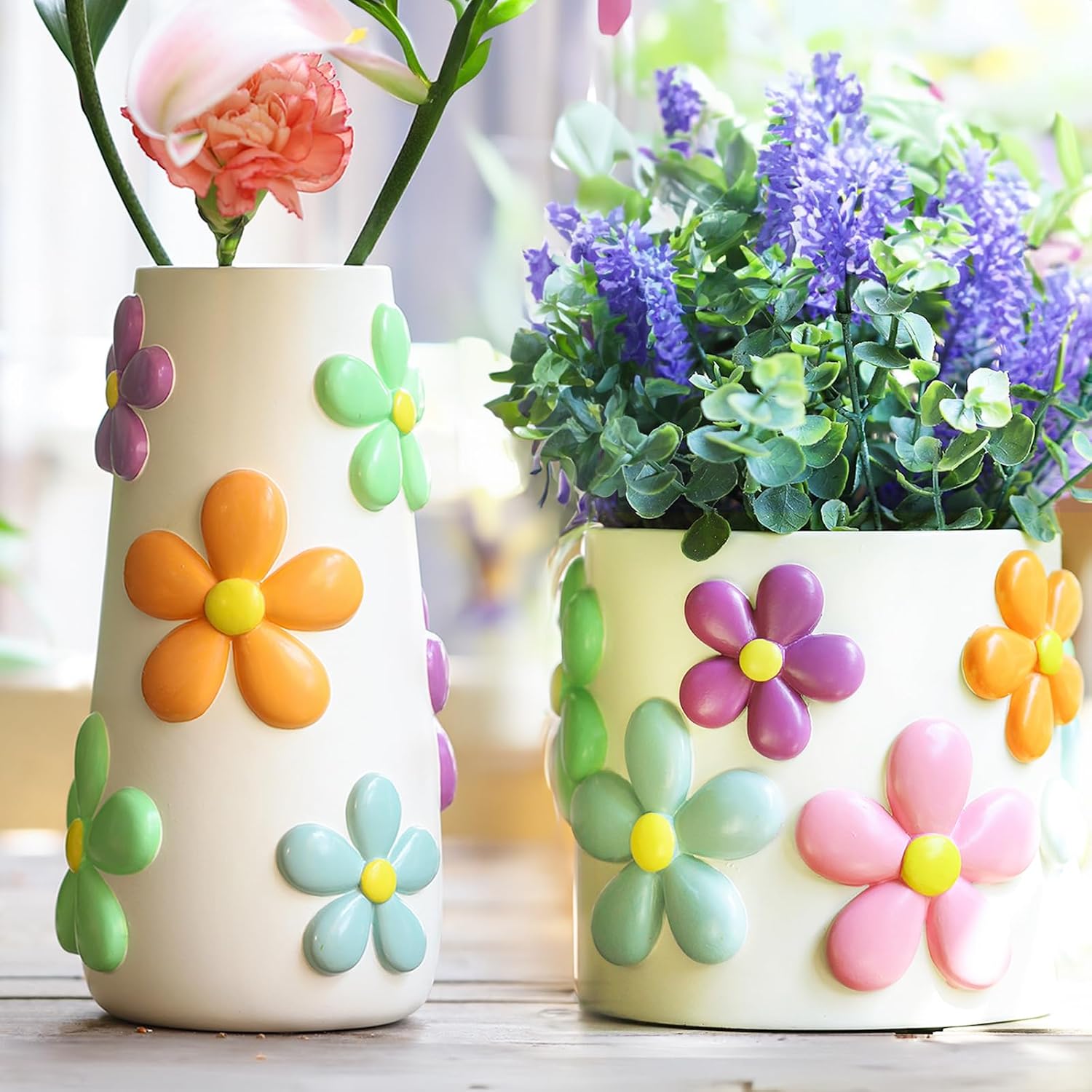 GUGUGO Colorful Flowers Planters, Cute Unique Rainbow Planter with Drainage, Pastel Flowers Vase for Flower, 8-Inch-Tall Rainbow Funky Mushroom Decor