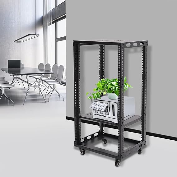 18U Open Frame Server Rack, 4 Post Adjustable Mobile, Free Standing Rolling Network/Computer Equipment Data Rack for Servers and Networking AV Equipment