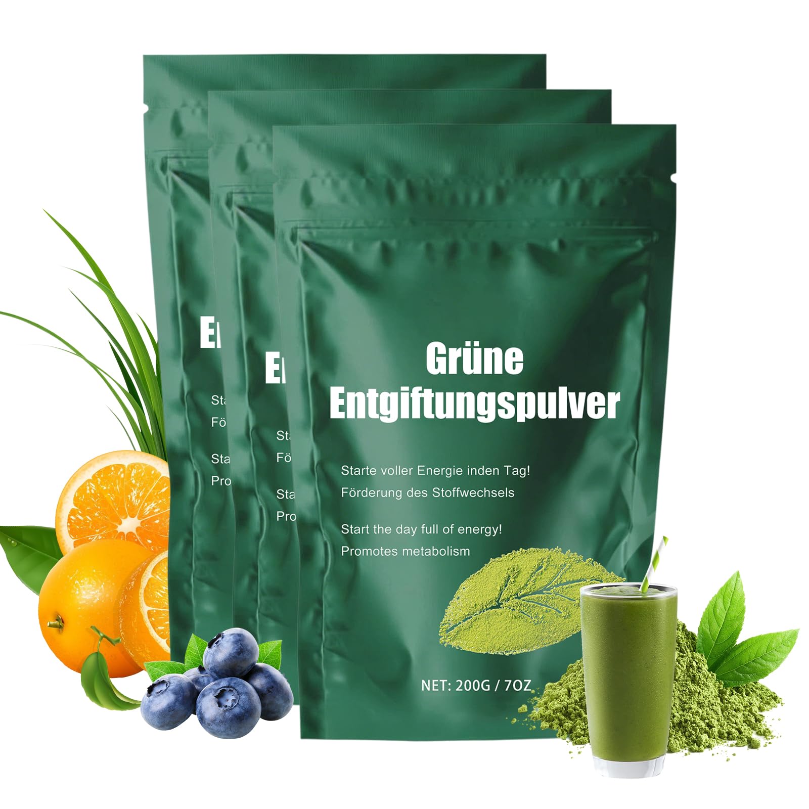 Grüne Entgiftungspulver, Pflanzenpulver Mix, Vielzahl Micronutrients & Fiber, Sorgt für Sanfte Pflege, Geeignet für Vegetarier - 200g x 3