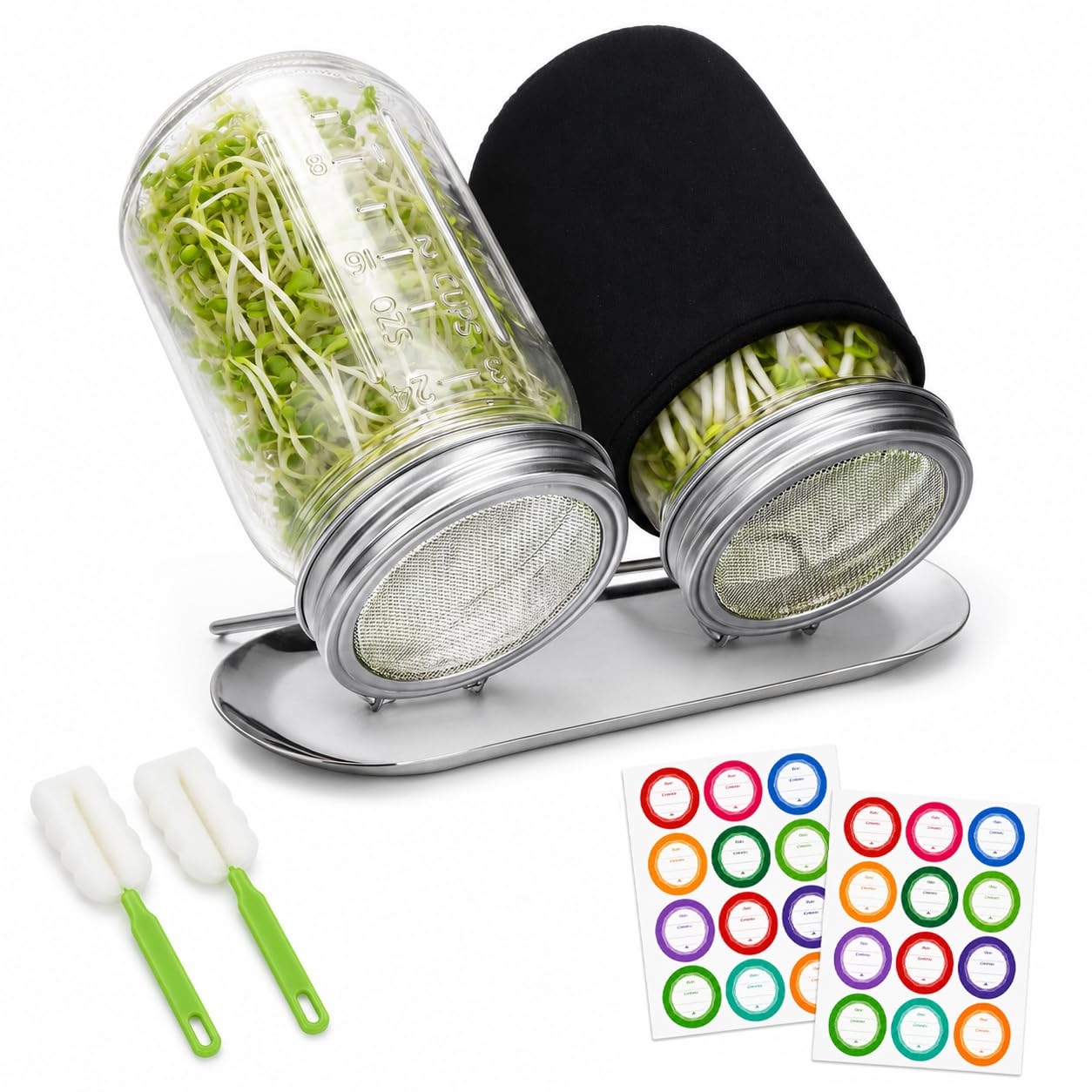 2-Pack 32oz Glass Mason Jar Sprouting Kit with Stainless Steel Mesh Lids, Dark Sleeves, Drainage Stand, Cleaning Brushes & Labels – Reusable Seed Sprouter Set for Broccoli, Alfalfa & Bean Sprouts
