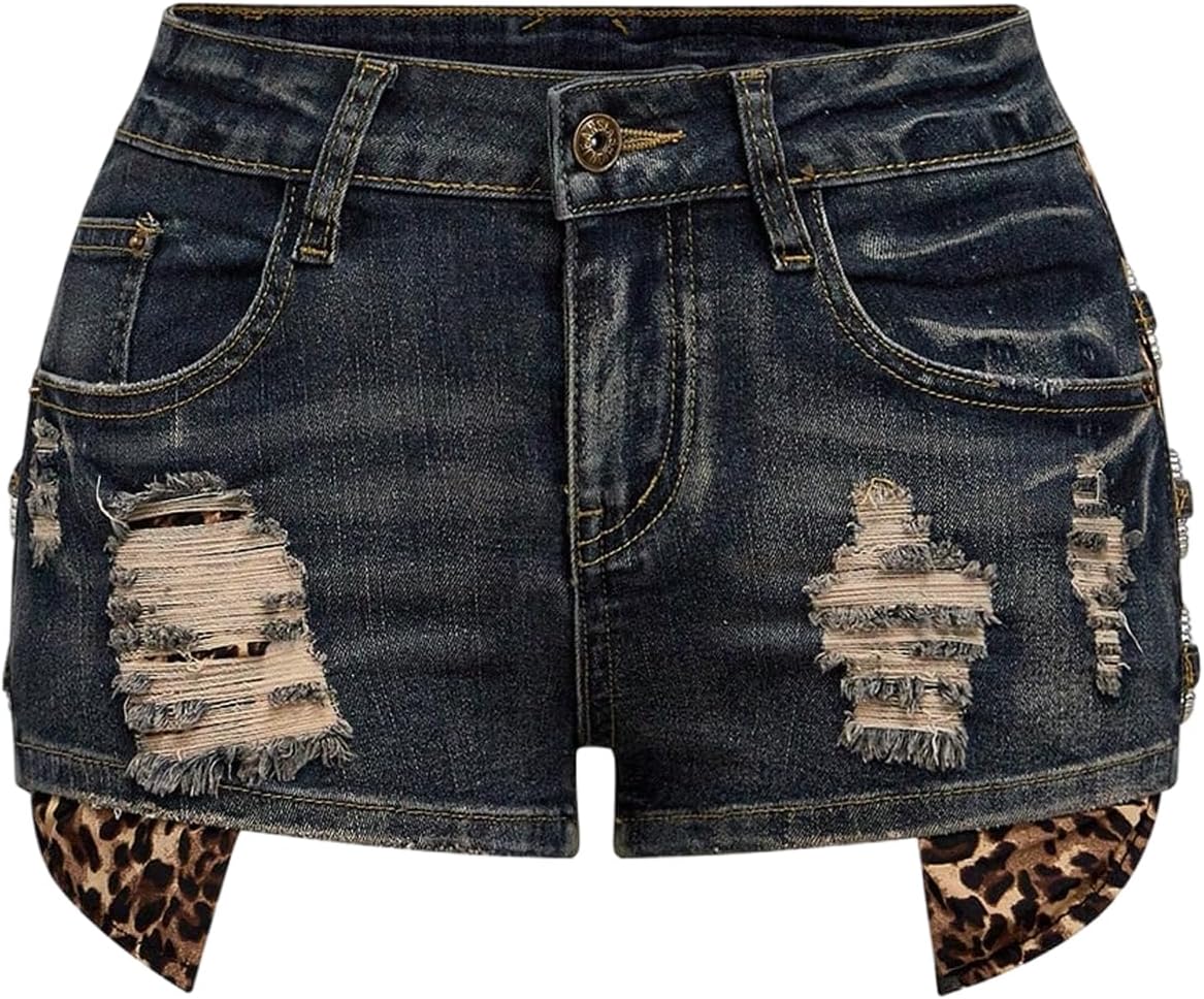 Verdusa Women's Y2K Leopard Distressed Ripped Mini Jean Shorts Rave Club Low Rise Rhinestone Denim Shorts