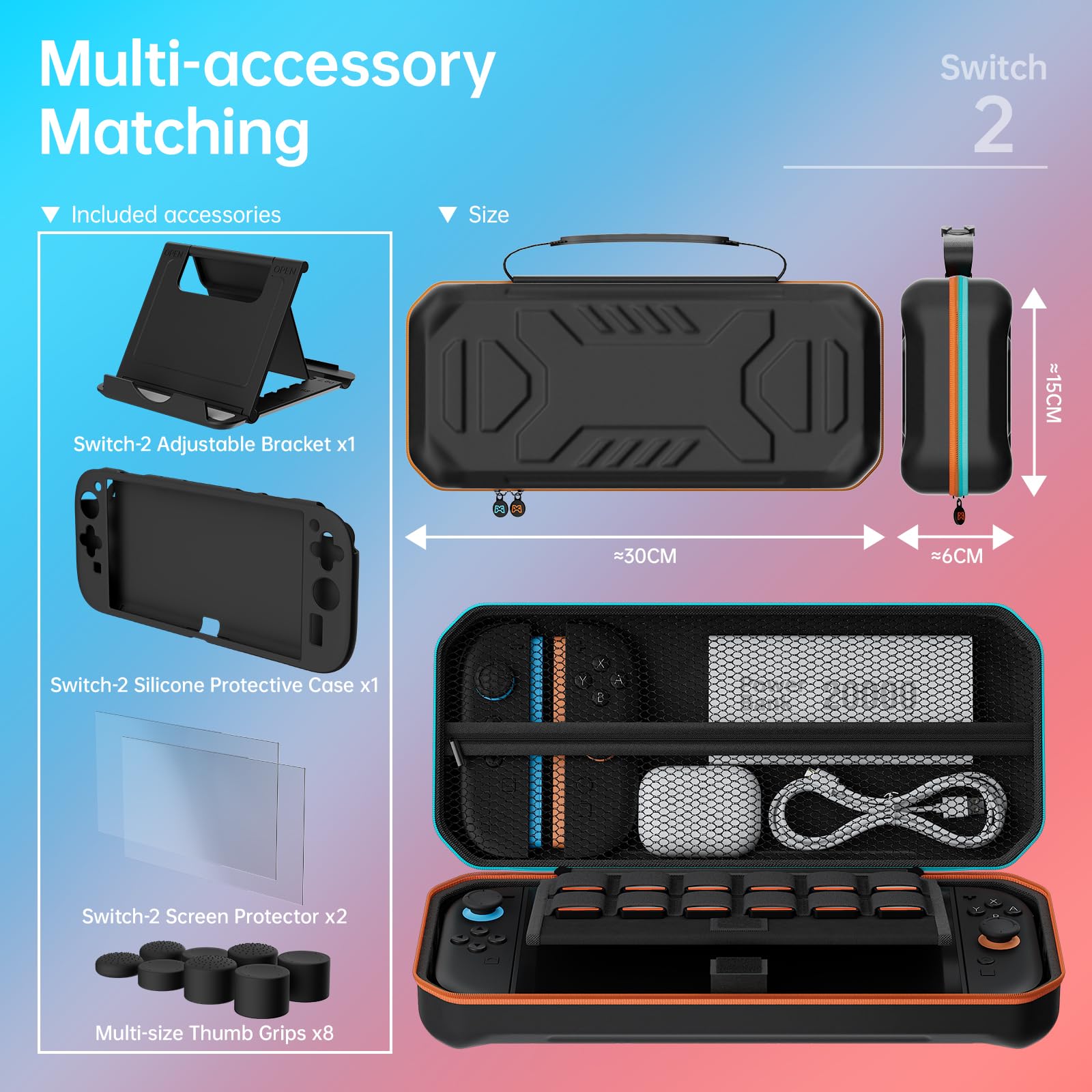 Hosanwell Funda 13 en 1 para Nintendo Switch 2, Que Incluye 2 Pantallas de Cristal Templado, Funda Protectora de Silicona, Tapas para Joystick y Soporte, Estuche rígido para Switch 2