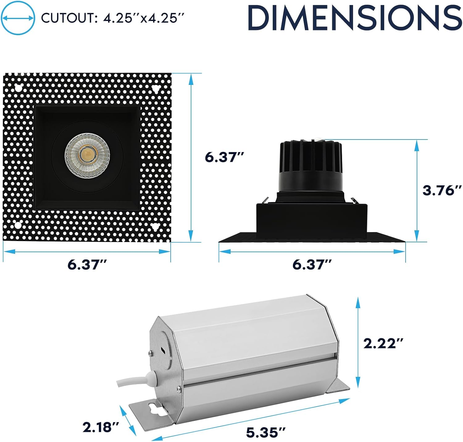 LUXRITE 1-Head Regressed Trimless Gimbal LED Recessed Spotlight, 360°+15° Swivel Rotation, 5CCT 2700K-5000K, CRI90, 15W, 1000 Lumens, 60° Beam, Square Black, Dual Dimmable, IC & Wet Rated (4 Pack)