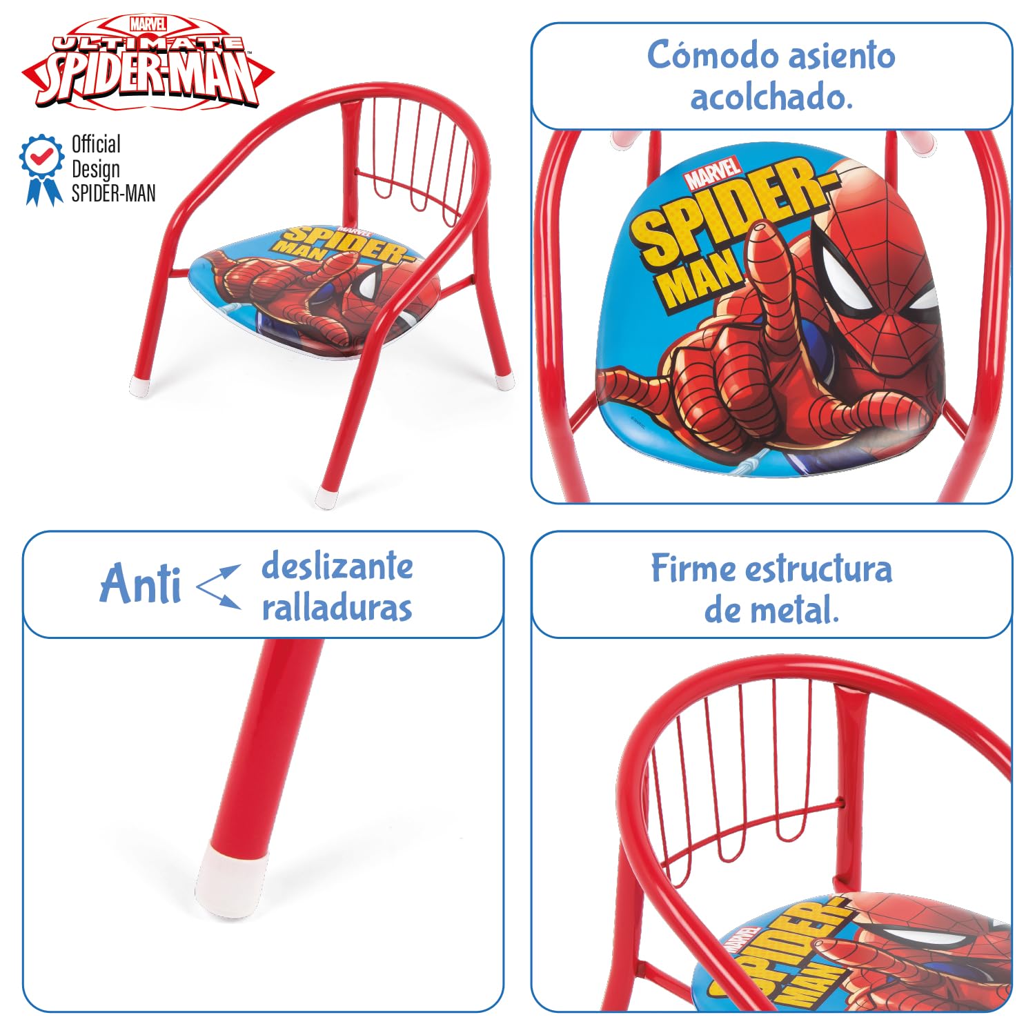 ARDITEX Silla Infantil Spiderman, Silla Metal 35,5 x 30 x 33,5 cm Roja