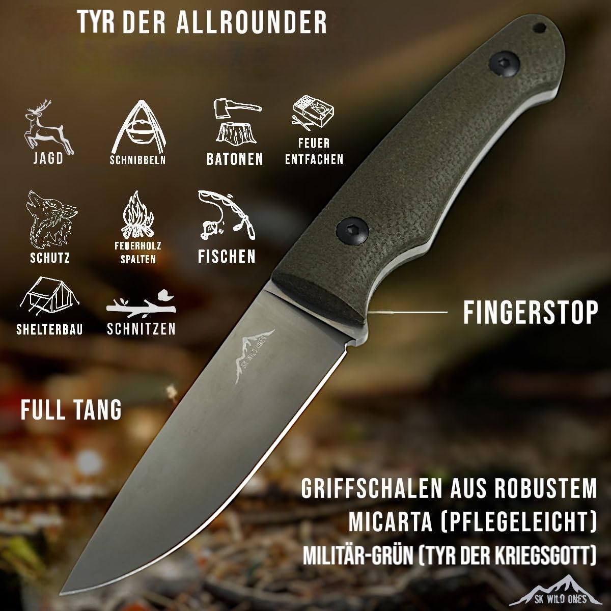 SK Wild Ones® Outdoor Messer Survival - Jagdmesser Feststehende Klinge - Survival Messer Outdoor Griff aus Micarta - Outdoormesser Feststehend - Aus 440C-Stahl Survival Knife für Camping Tyr